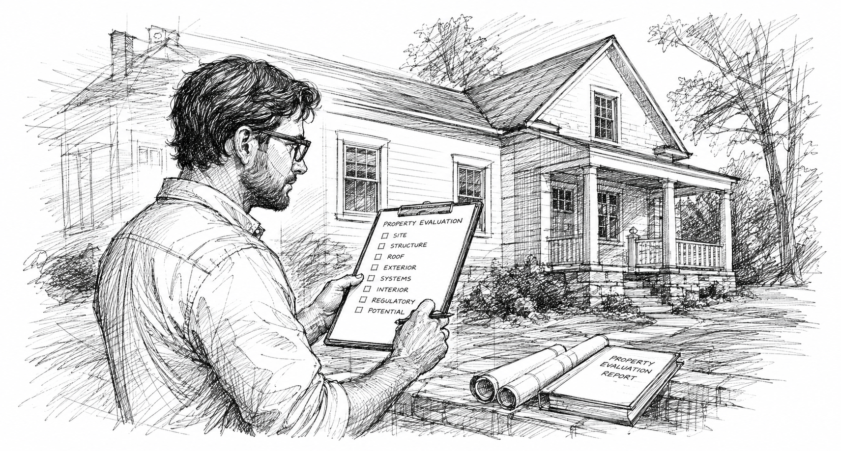 Black-and-white sketch of an architect performing a residential property evaluation