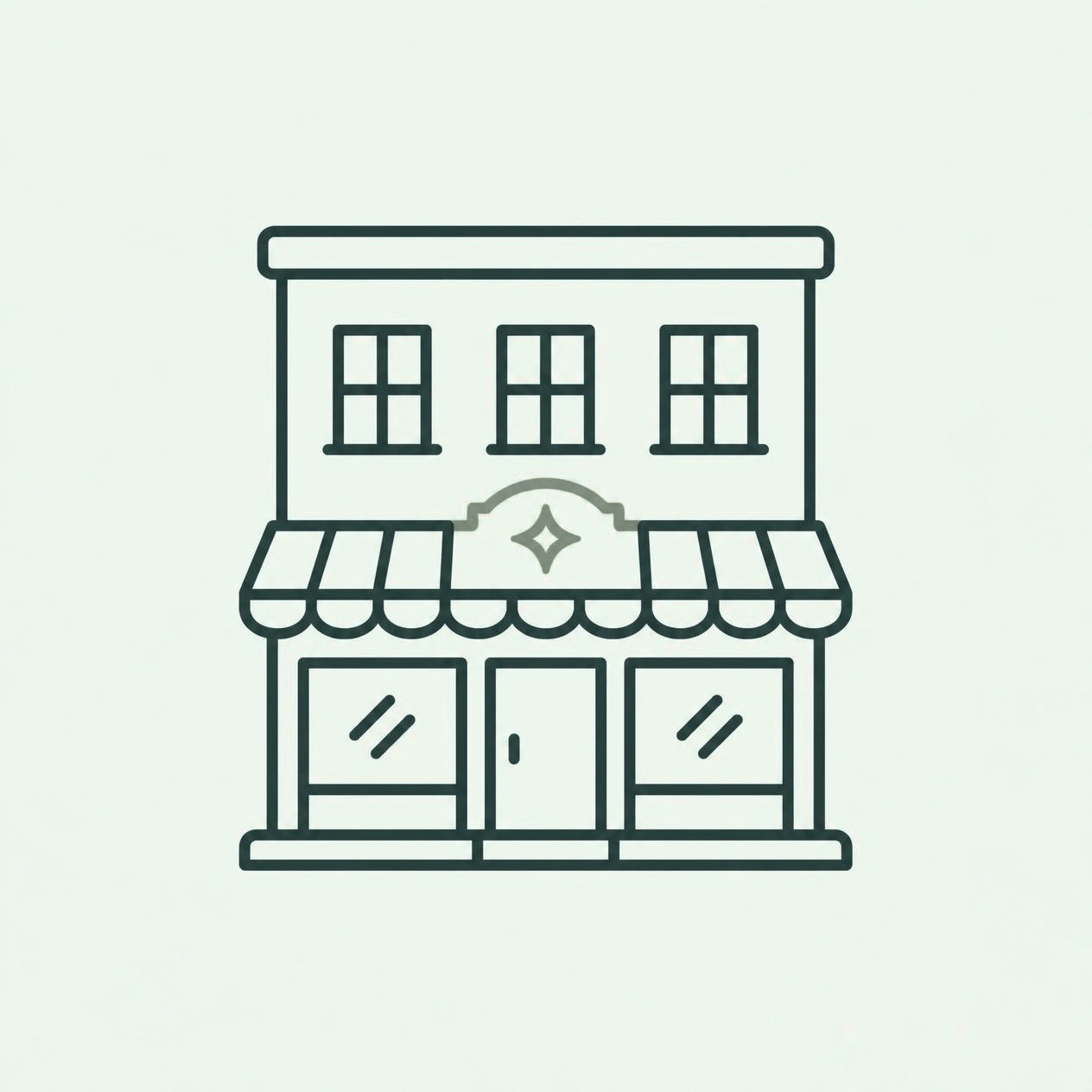 Line drawing of a two-story storefront with a striped awning and three windows on the upper floor.