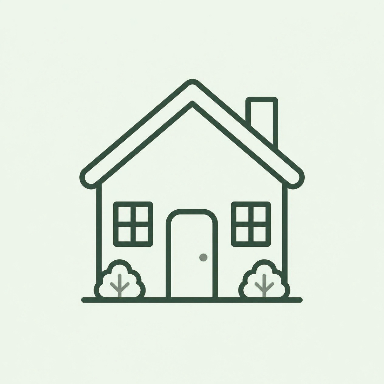 Simple line drawing of a house with a pitched roof, two windows, a front door, a chimney, and bushes in front.