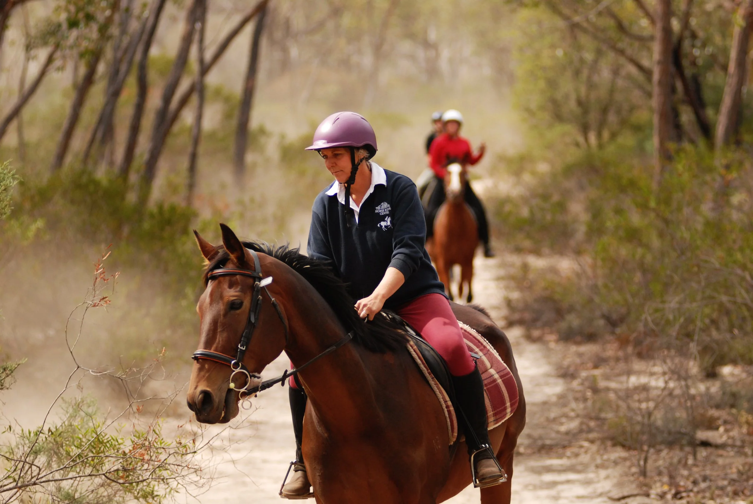 Two women riding horses through a wooded trail, with one woman in front wearing a helmet and a navy sweatshirt, and a woman in the background wearing a white helmet and red jacket.