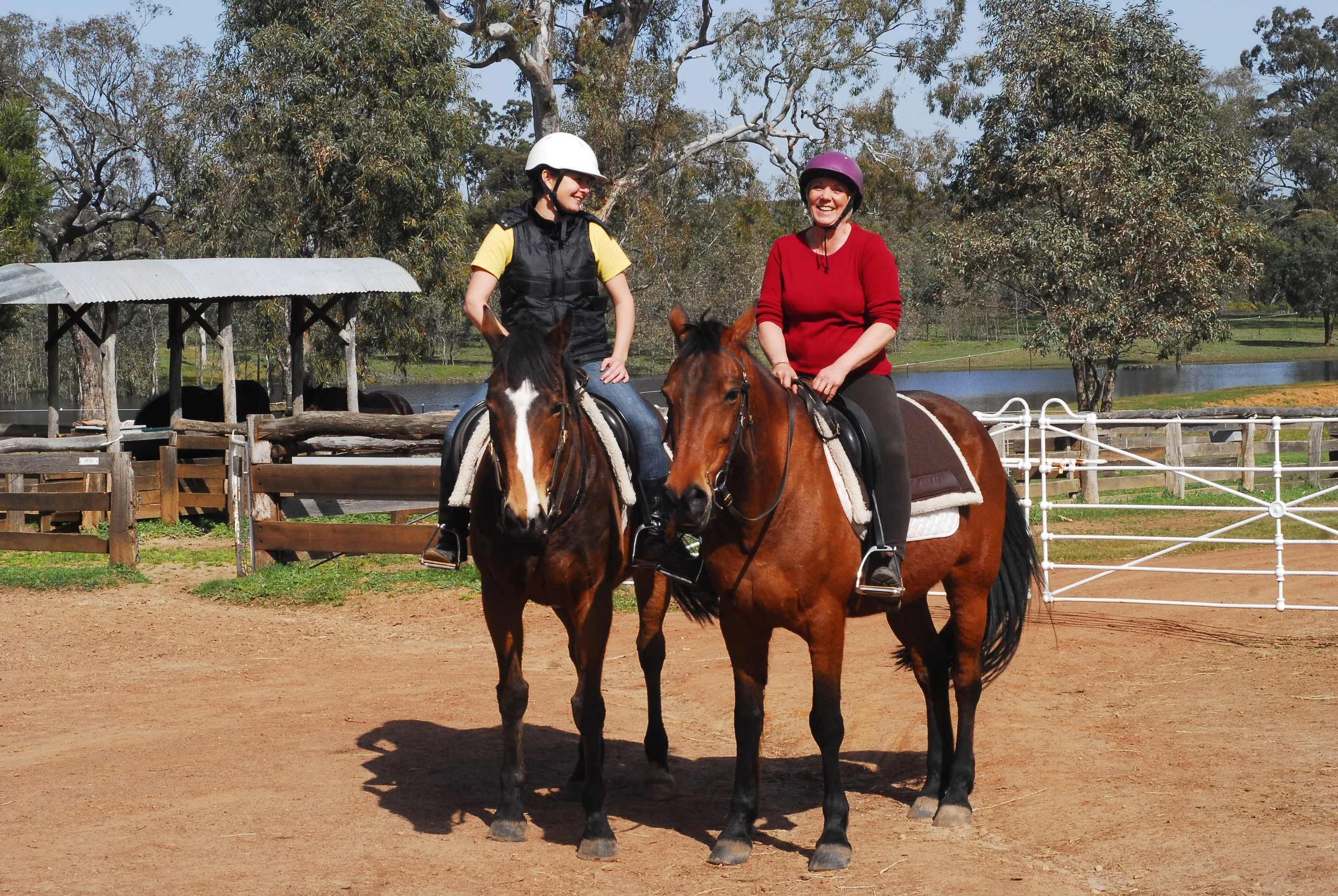 Two women riding horses in an outdoor equestrian area, one wearing a white helmet and a black vest, the other wearing a purple helmet and a red sweater, with trees and a pond in the background.