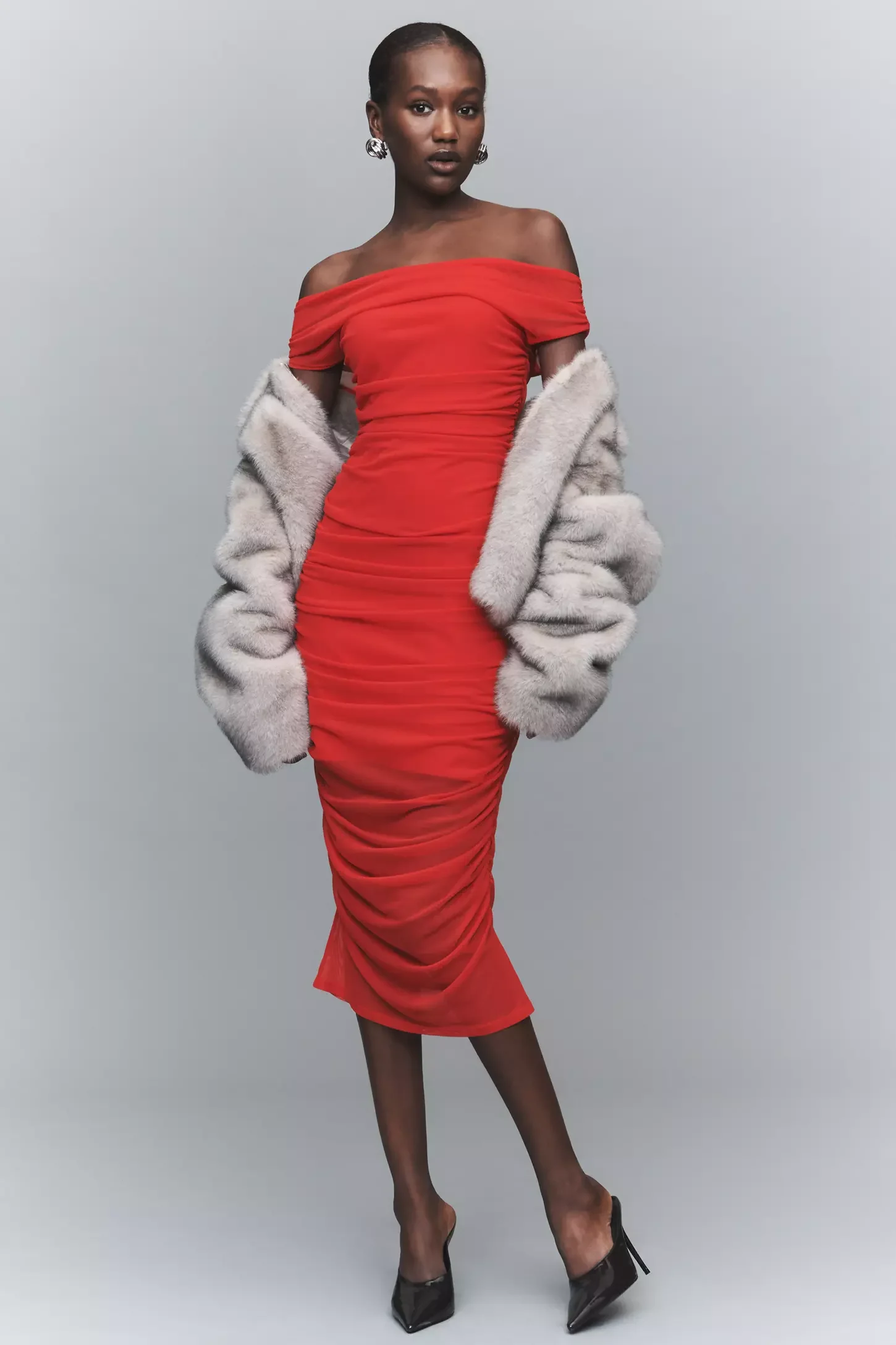 Off-Shoulder Mesh Midi Dress