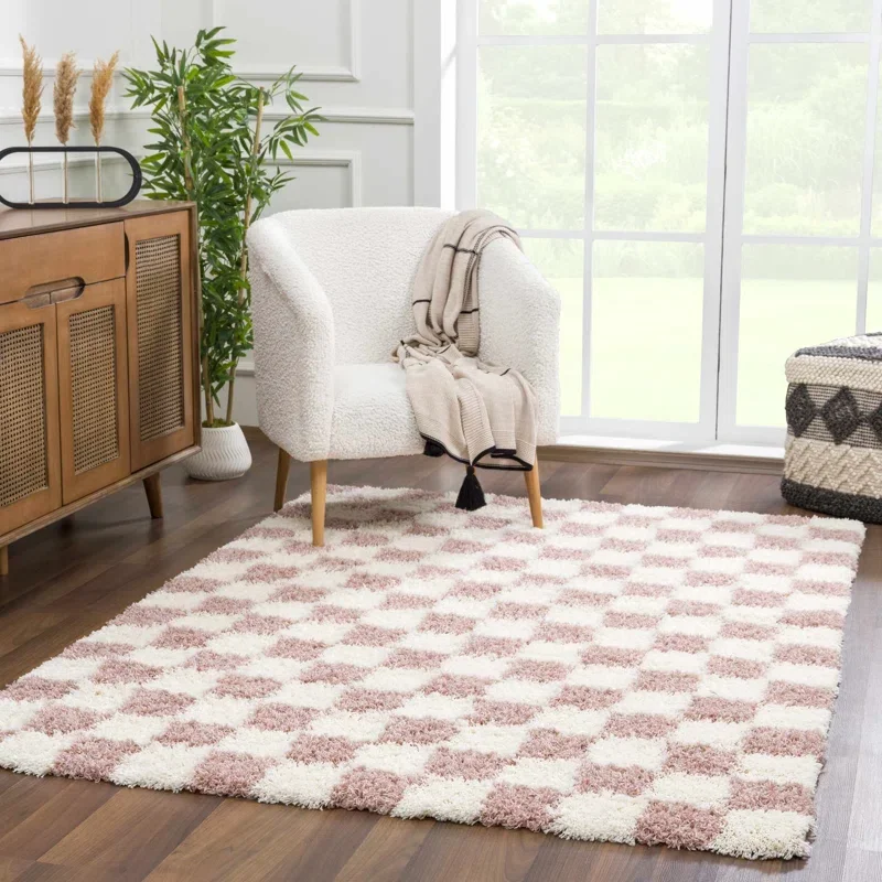 Checkered Shag Pink Area Rug