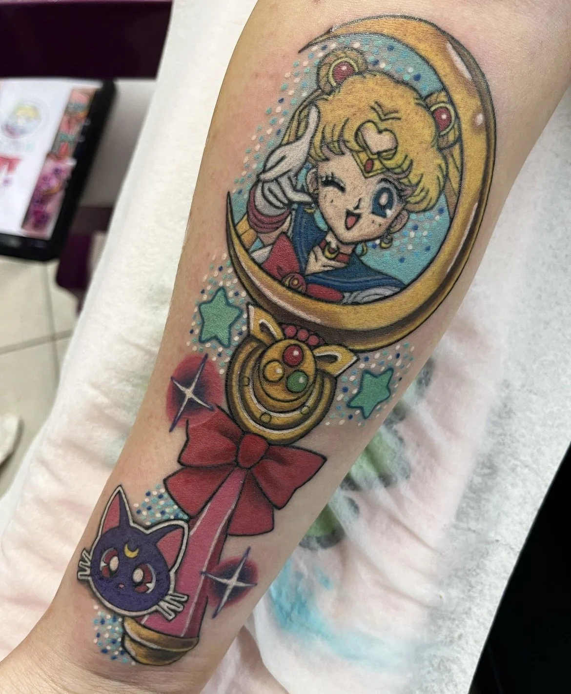 Sailor Moon Moon Stick and Luna kawaii anime tattoo
