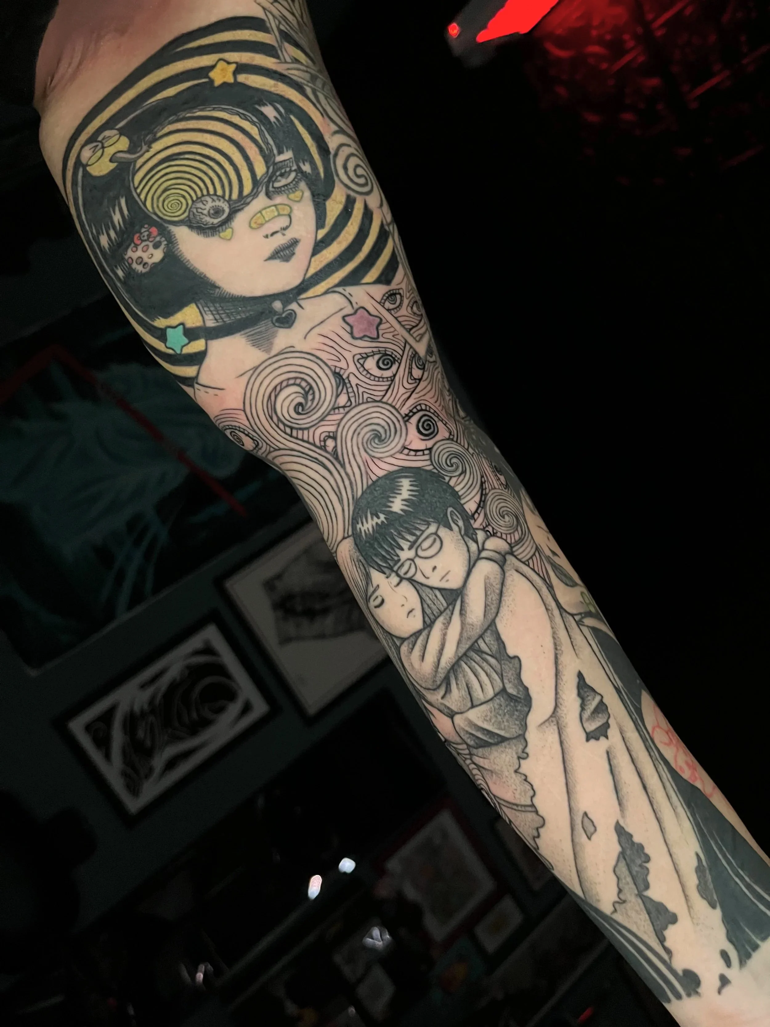 Junji Ito and Sanrio cute and creepy tattoo sleeve