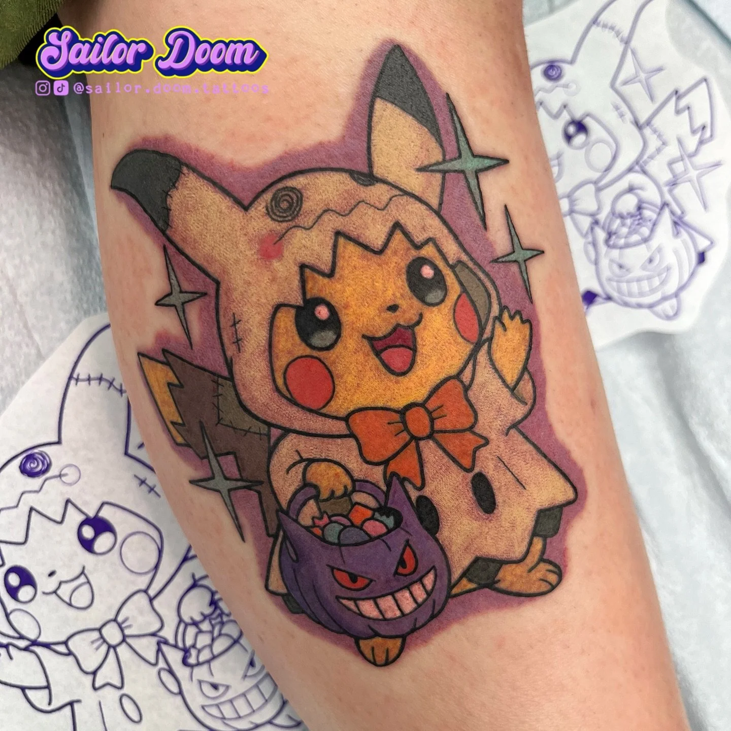 I was originally supposed to do this tattoo in October but I hurt my arm &amp; had to reschedule. I&rsquo;m all better now &amp; looking to do more fun cute tattoos! Get at me to schedule. 🫶
&bull;
#pikachu #colortattoo #halloween #kawaiitattoo #cut