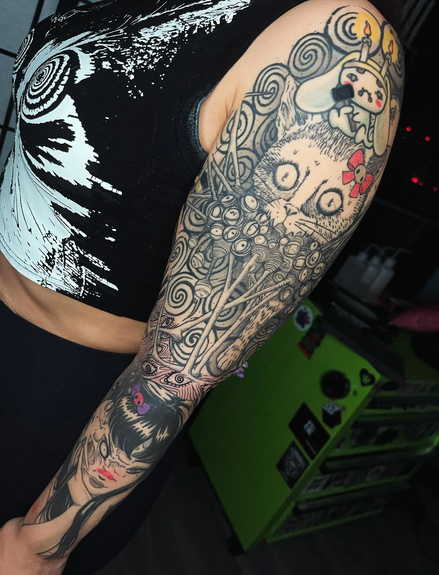 Completed this Junji Ito x Sanrio sleeve, Id love to do more big projects like this! Shoutout to my dedicated client for sitting so well &amp; consistently coming in to get this finished, large tattoos like this take time &amp; are typically done in 