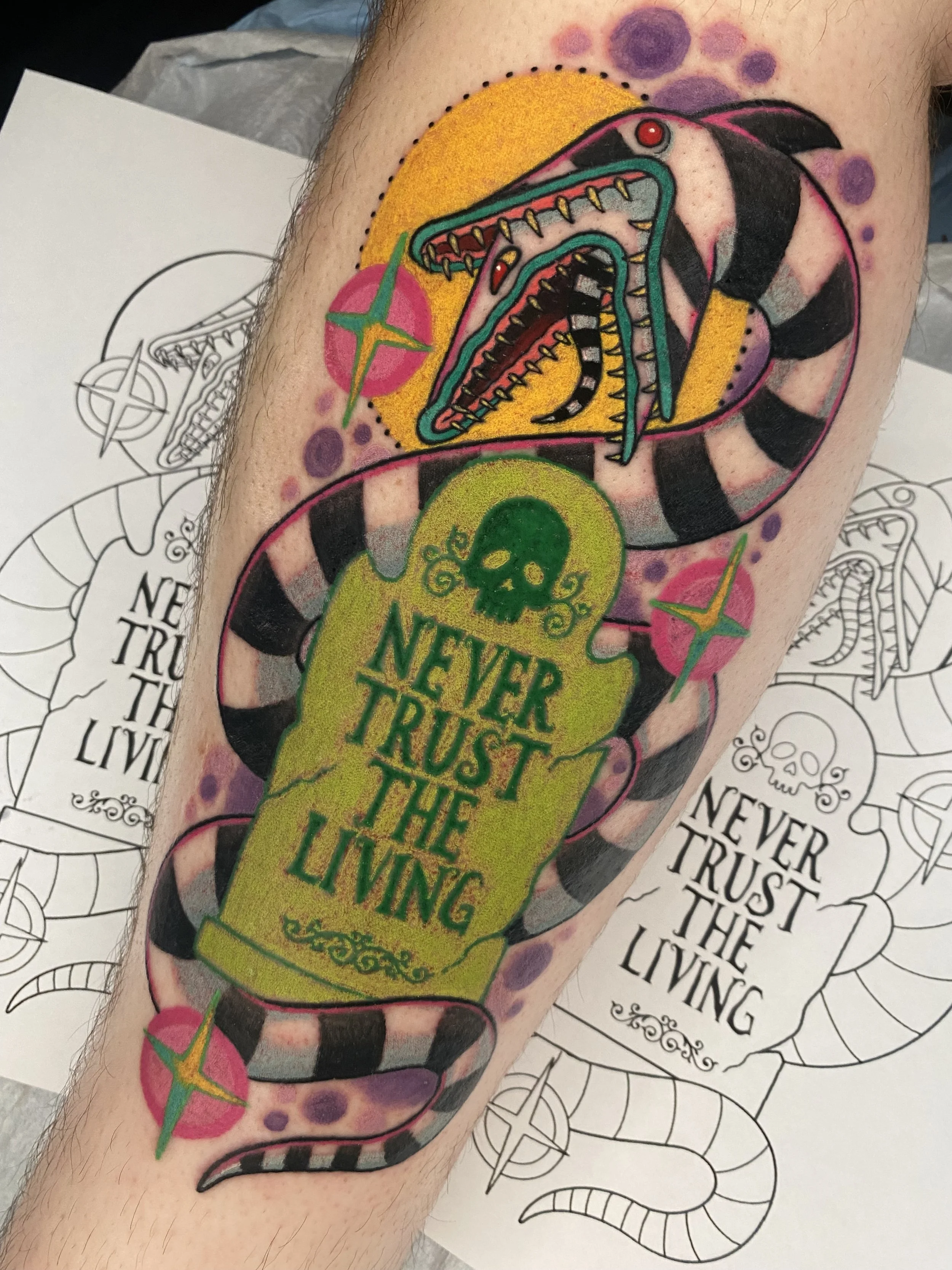 beetlejuice tattoo, sandworm tattoo, never trust the living
