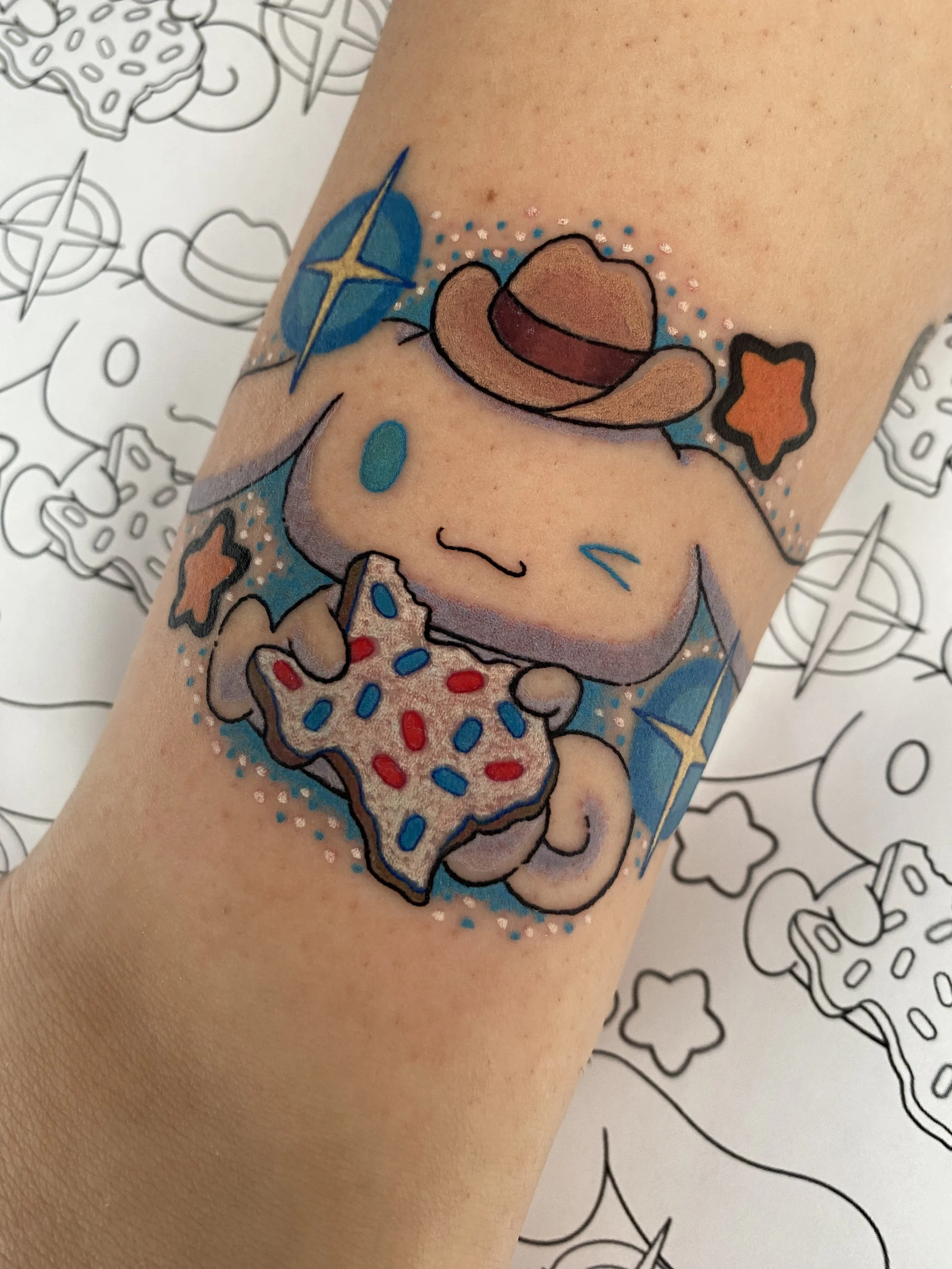 cinnamaroll tattoo, kawaii tattoo, texas tattoo, sanrio tattoos, cute tattoos