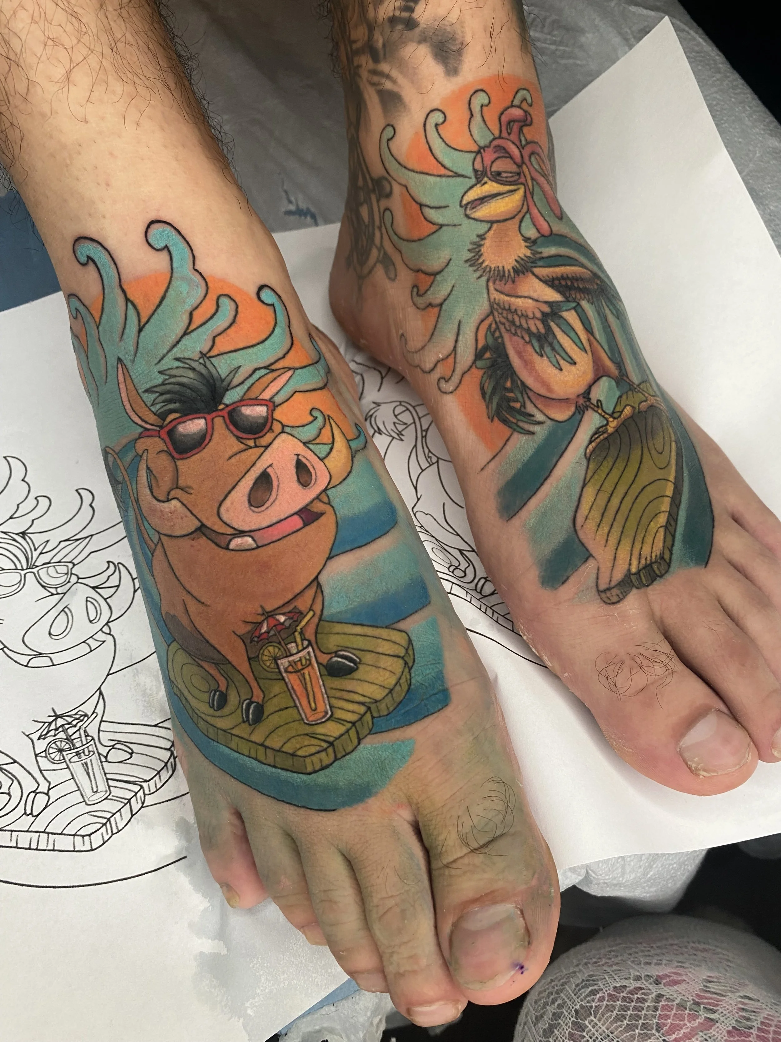 disney tattoos, pig and rooster tattoo, neo traditional tattoo