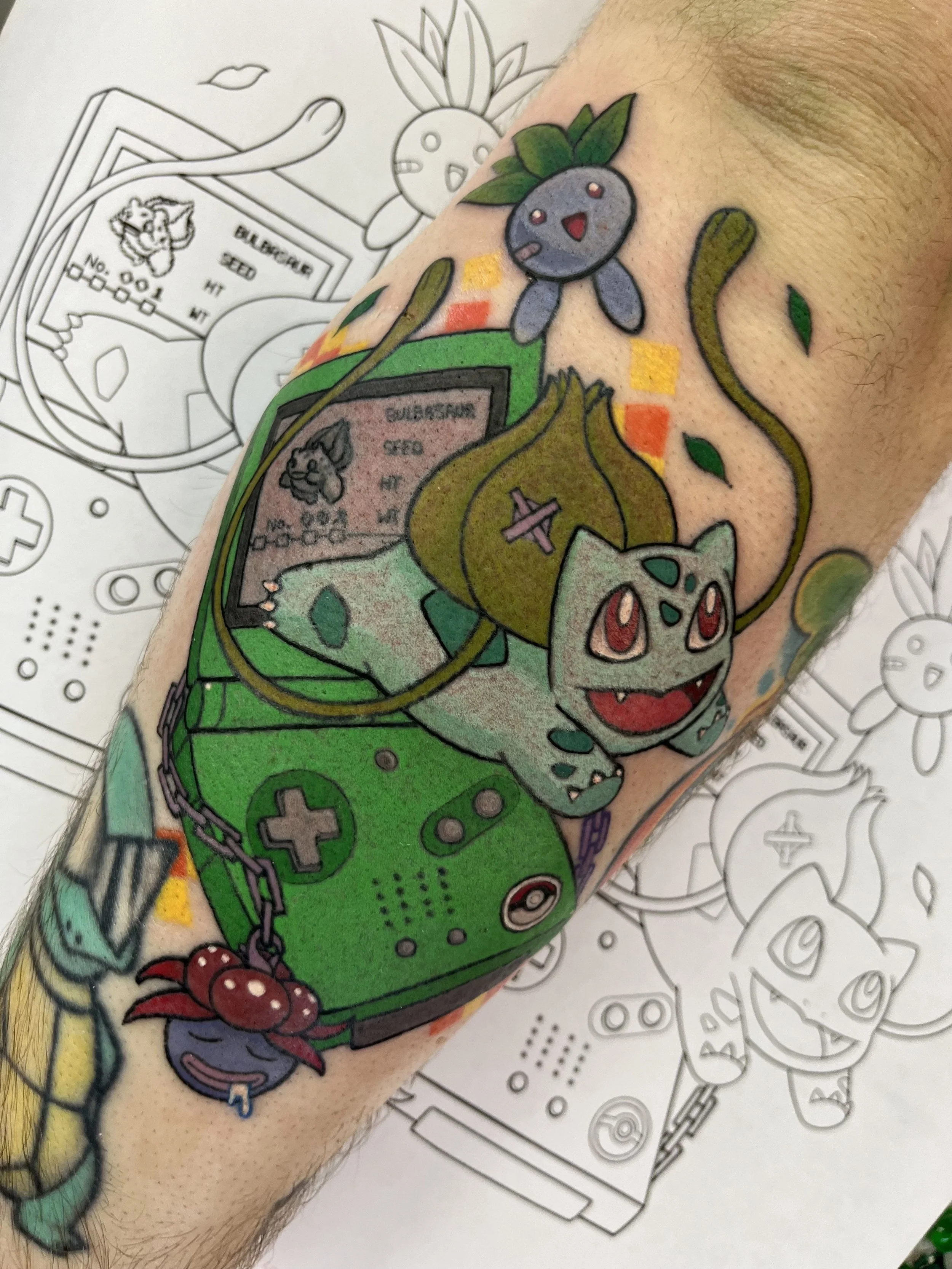 bulbasaur, gloom, oddish grass type kawaii pokemon video game tattoo