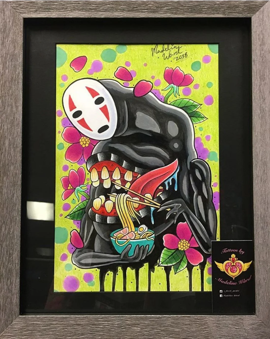 No Face Studio Ghibli eating ramen watercolor tattoo art