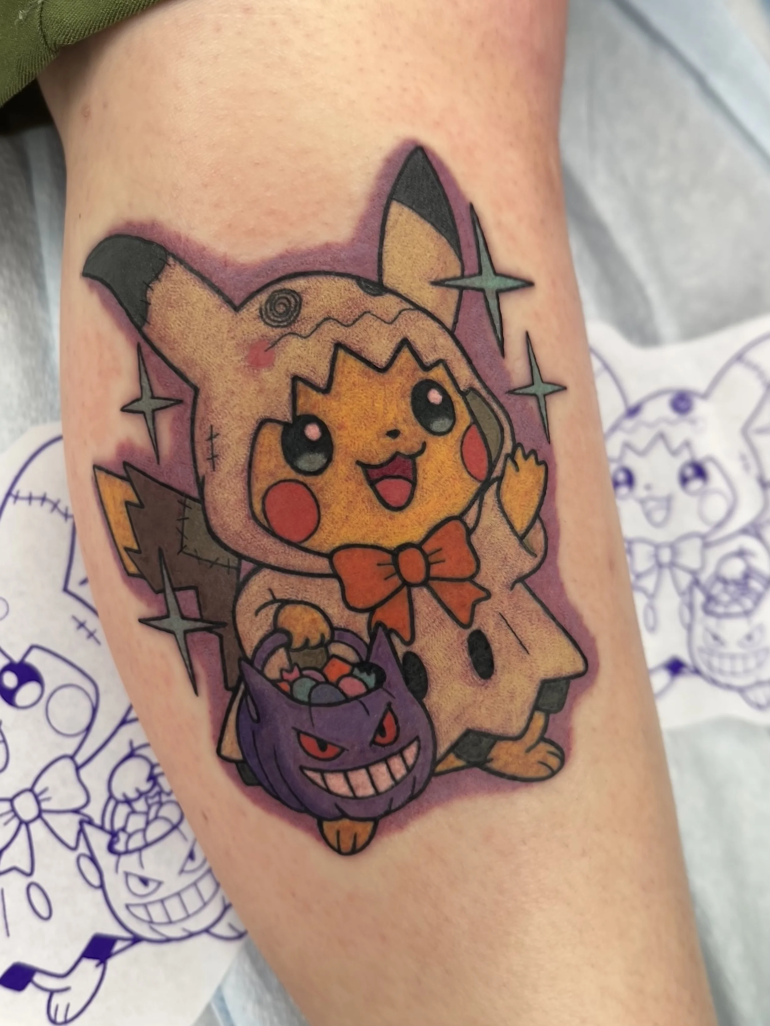 mimikyu tattoo, pikachu tattoo, pokemon halloween tattoo, pokemon tattoos