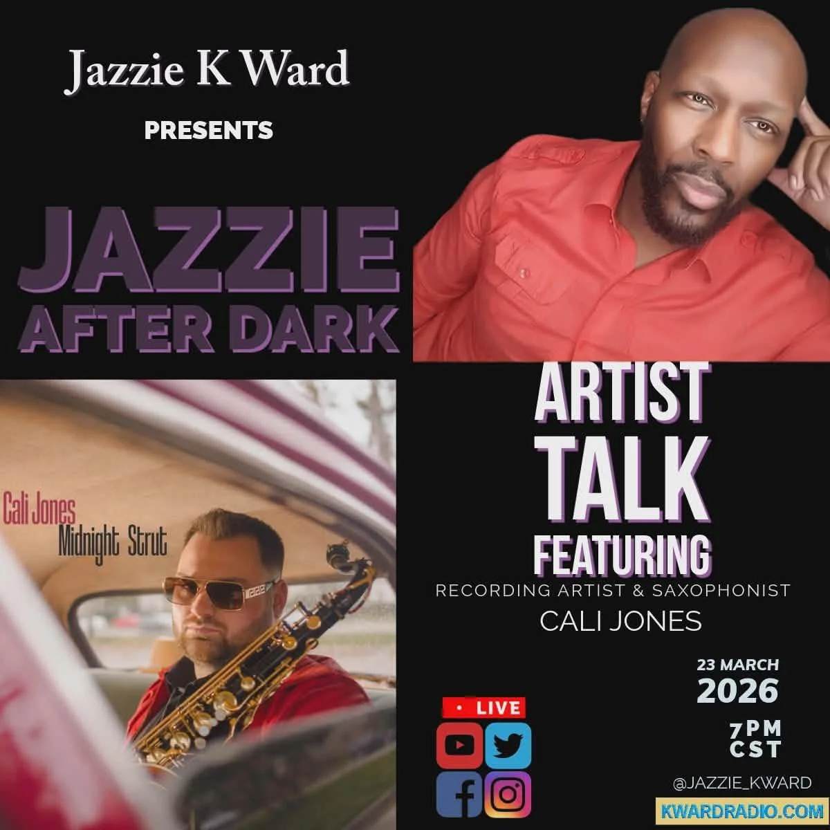 Tonight&rsquo;s the night.

Catch me on Artist Talk with Jazzie K Ward on KWARD RADIO at 8PM EST / 7PM CST. 

We&rsquo;ll be talking about the upcoming single dropping this Friday, plus everything new in the world of Cali Jones.

Smooth vibes, big up