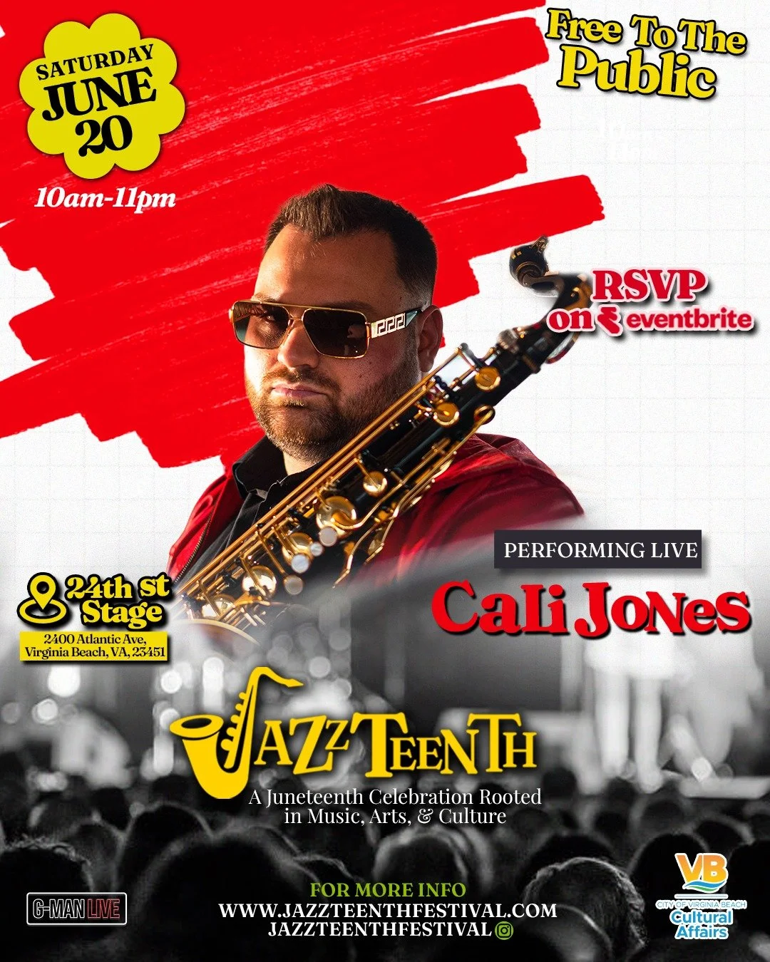 🎶 Just announced! 🎶

I&rsquo;ll be performing live at the 24th Street Stage in Virginia Beach for the very first Jazzteenth Celebration! It&rsquo;s an incredible lineup of talented musicians&mdash;and I&rsquo;m excited to be part of it.

Come out, 