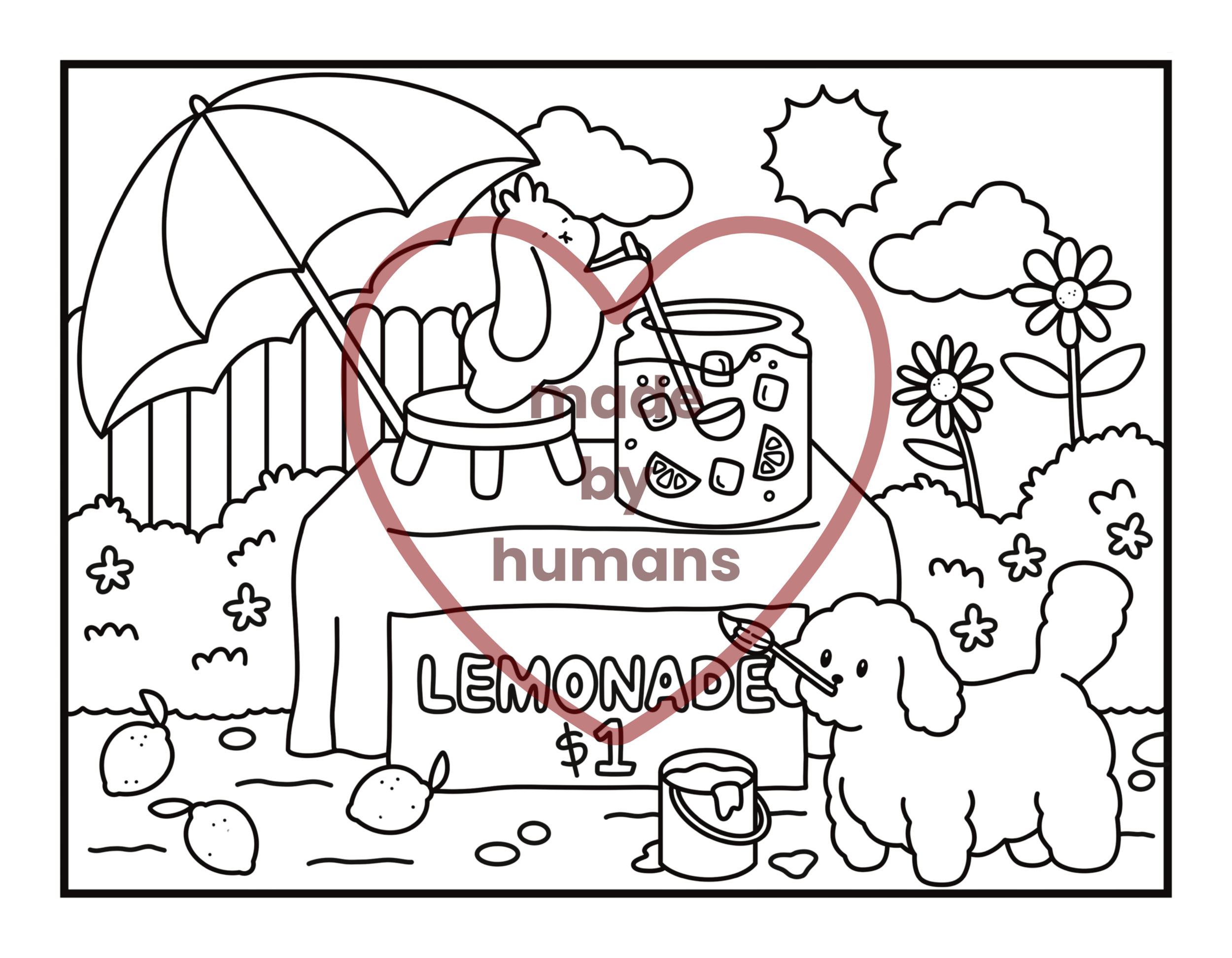 Watermarked line drawing page of Oobie the Poodle and Dumpling the Bunny making and selling lemonade from Papinoli colouring books