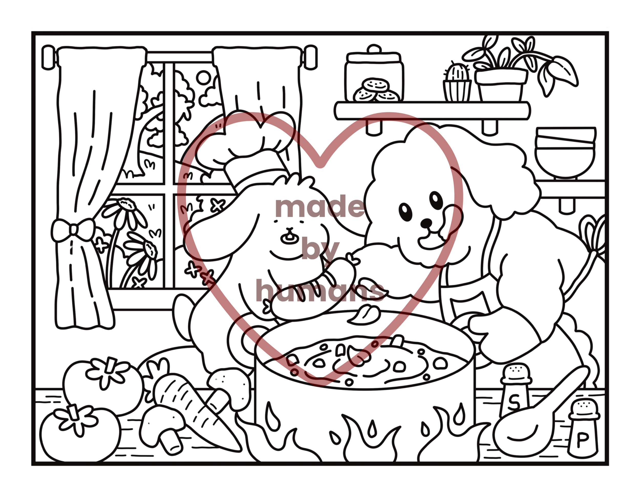 Watermarked line drawing page of Oobie the Poodle and Dumpling the Bunny cooking in the kitchen from Papinoli colouring books