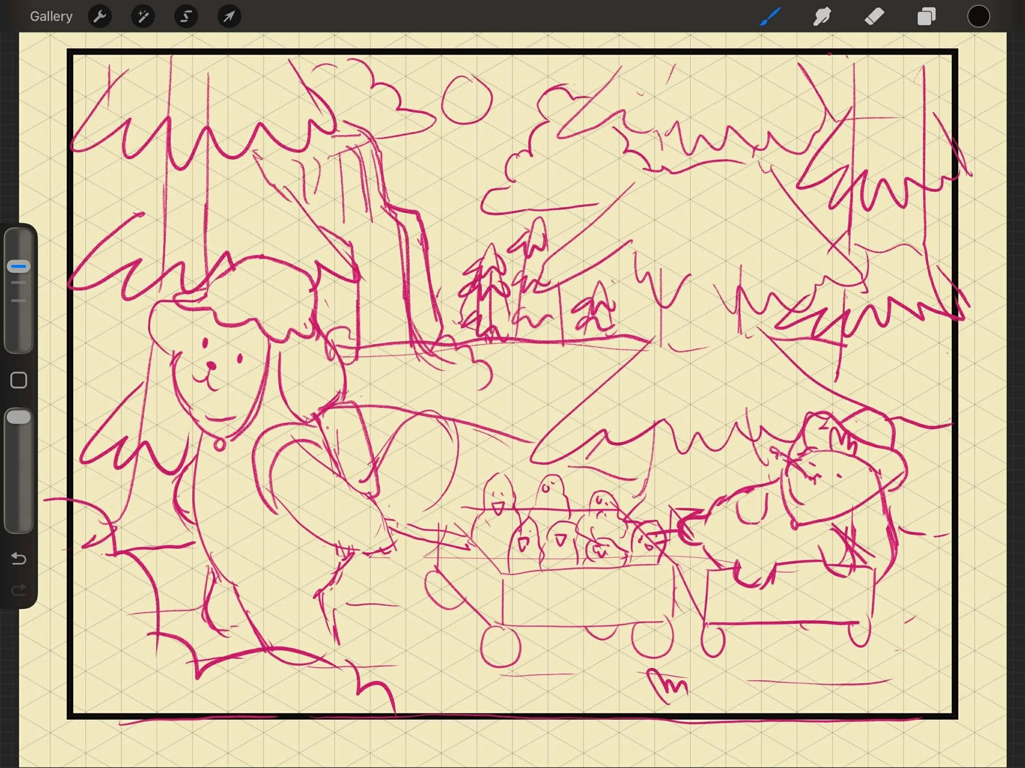 first sketches of Oobie the poodle and Dumpling the bunny for Papinoli colouring books