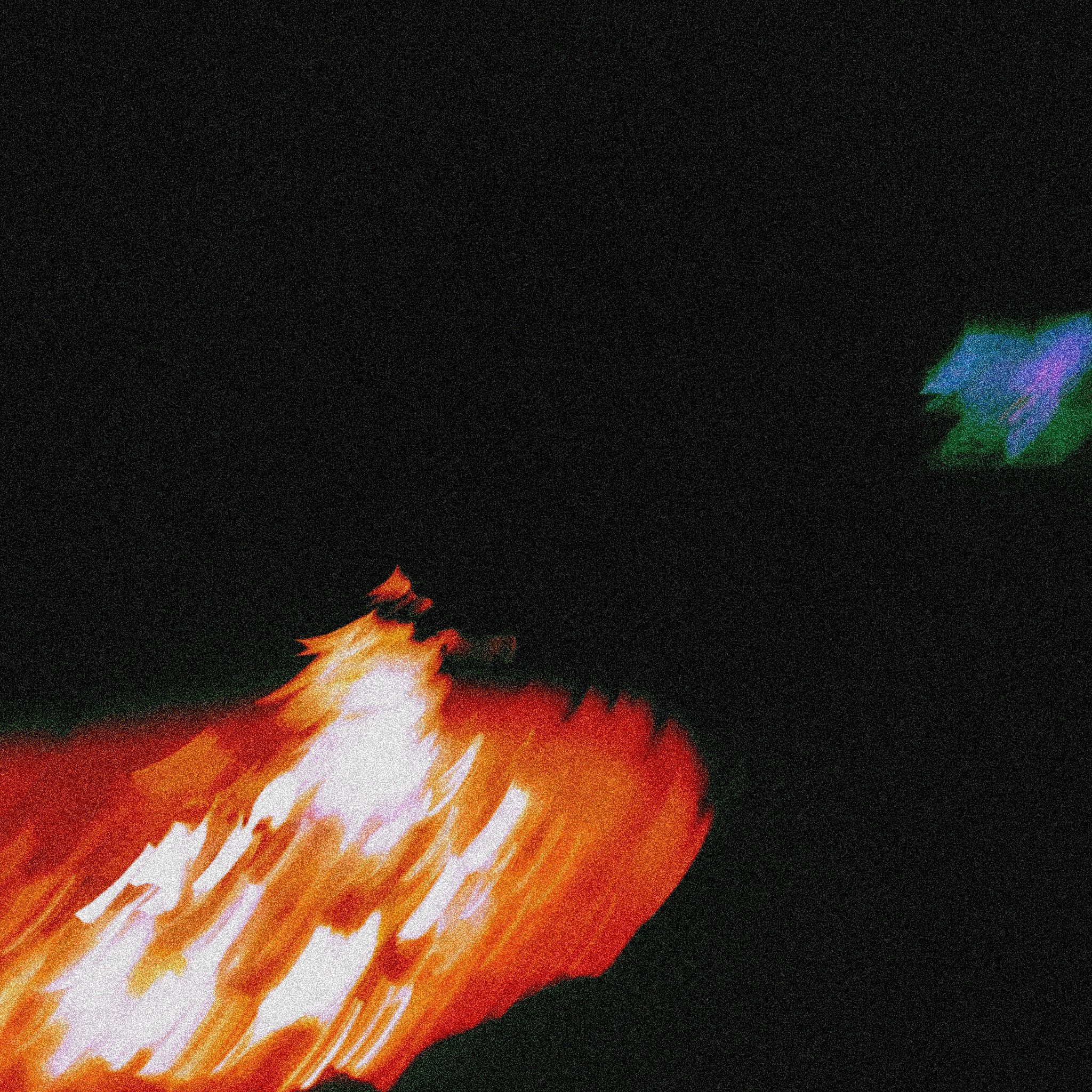 Abstract image with bright orange and white streaks on the left and a small cluster of blue and green colors on the right, against a black background.