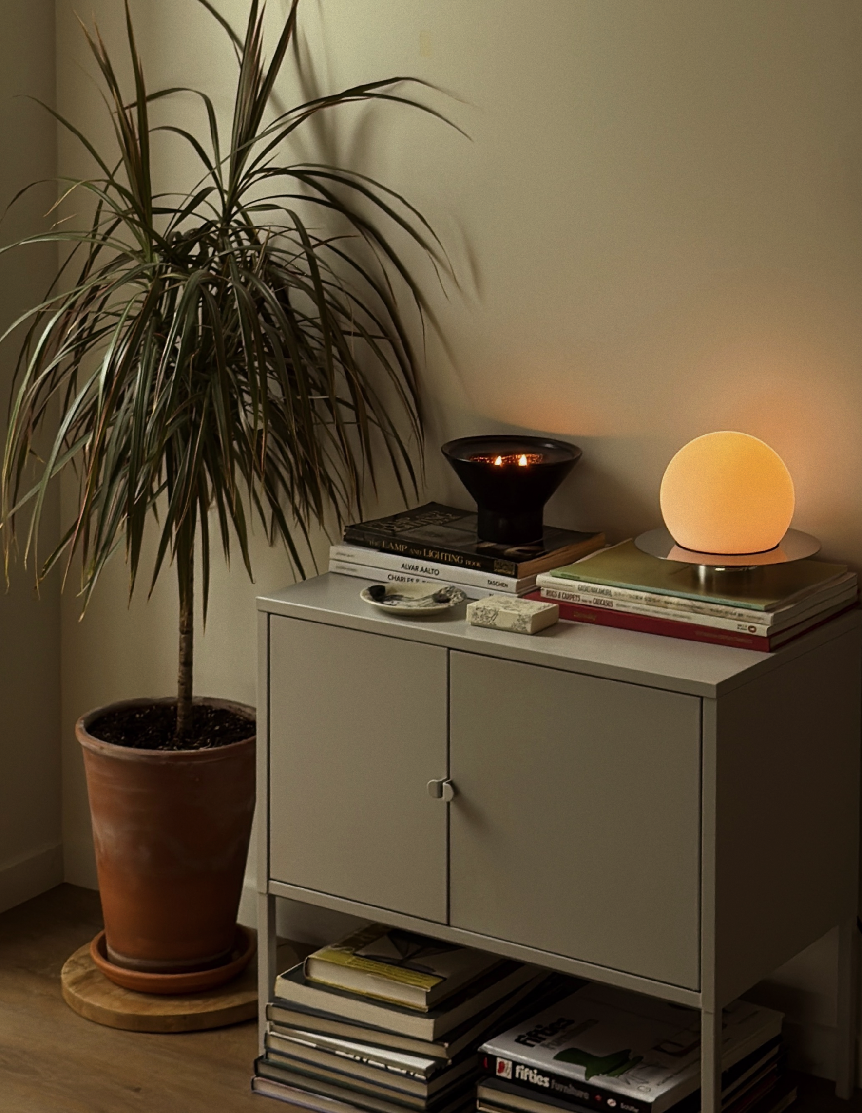 A white cabinet next to a potted plant with long, thin leaves. The cabinet has closed doors and a shelf underneath filled with stacked magazines. On top of the cabinet are a black bowl with candles, a glowing moon-shaped lamp, and several books.