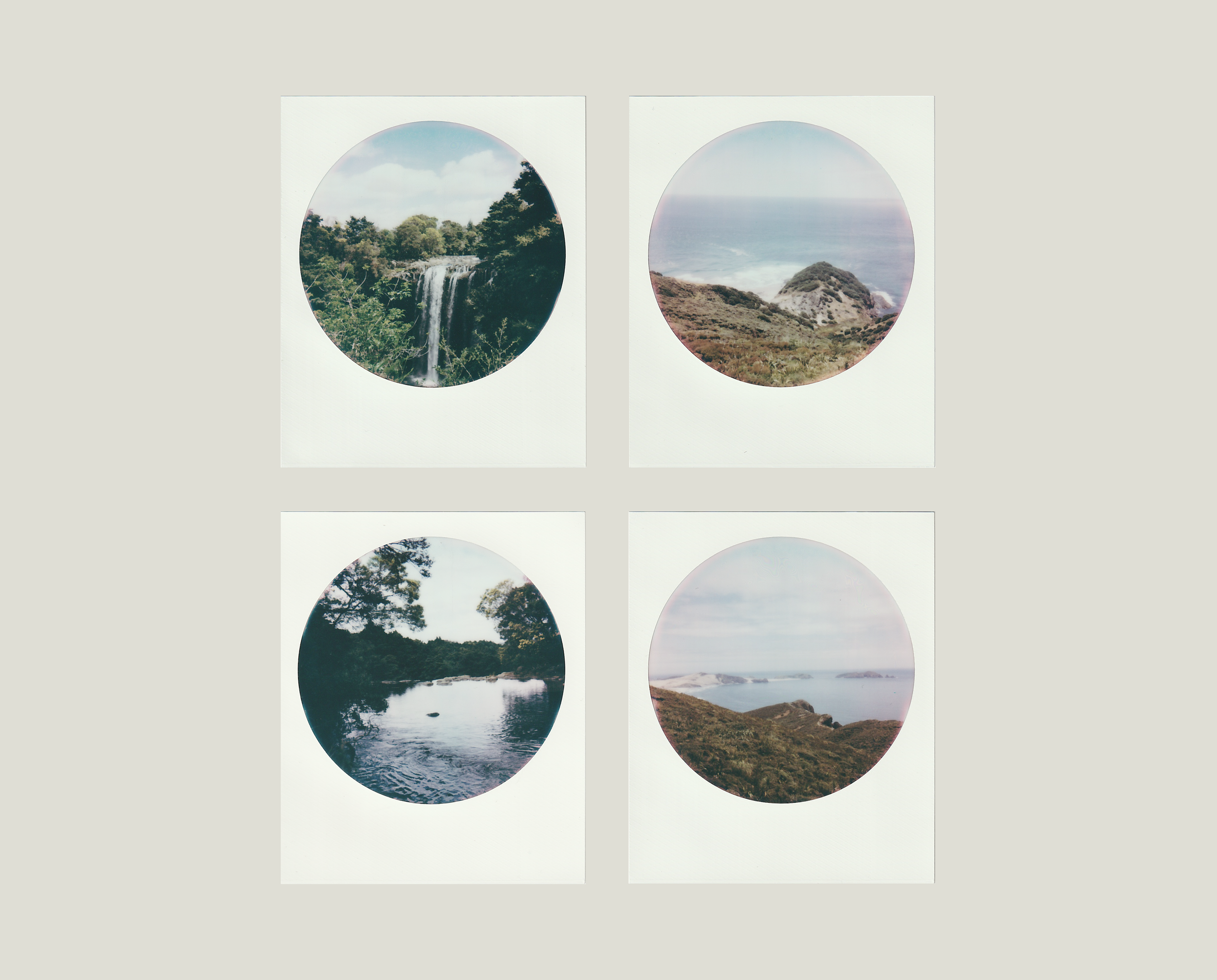 Grid of four Polaroid-style photos of natural landscapes: a waterfall in a forest, ocean coast with cliffs, river with trees, and hilly coastline with islands.