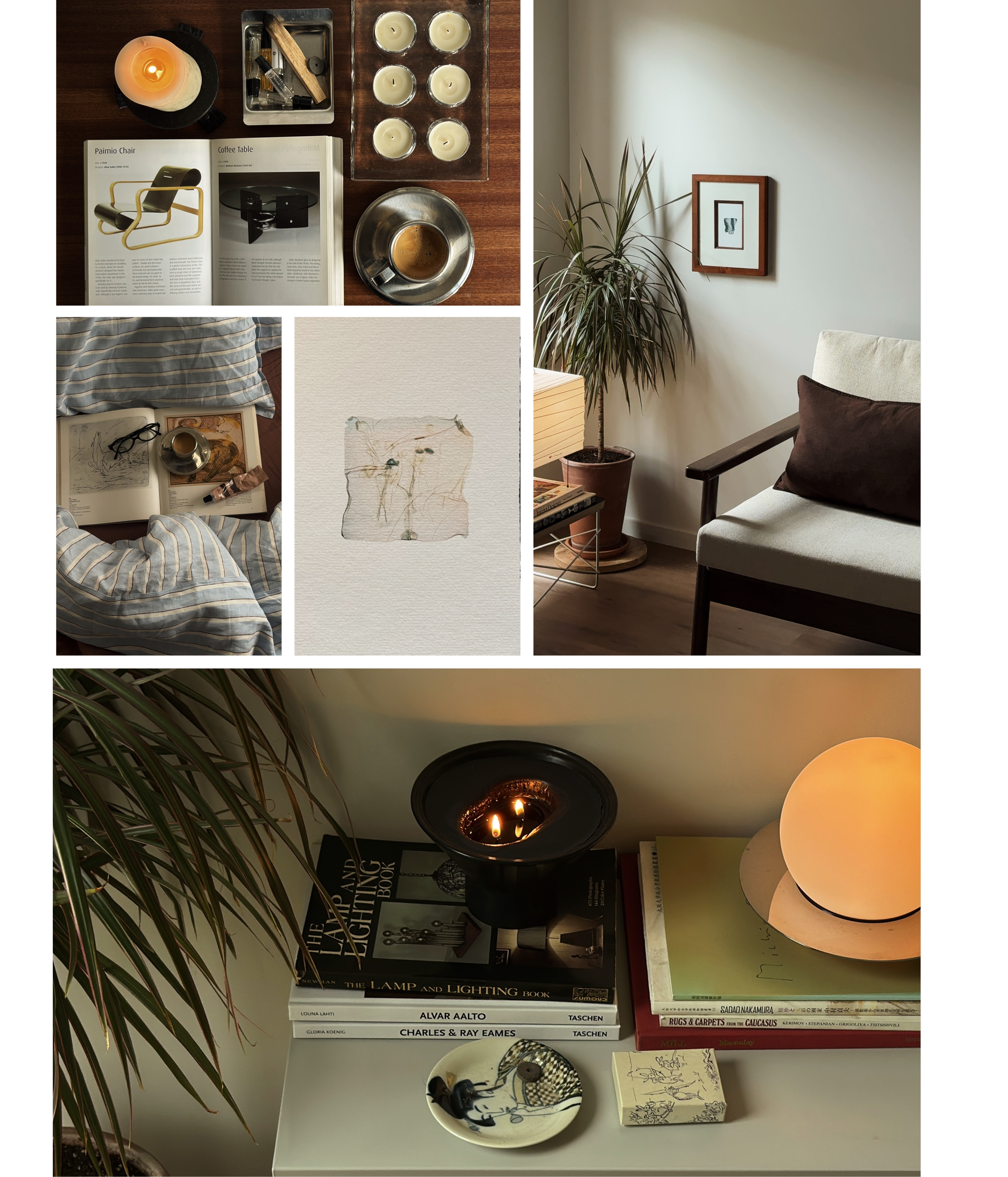 A collage of interior home decor scenes including a cozy reading nook with striped blanket, books, glasses, and a cup on a tray; a modern living room with a white sofa, dark brown pillows, potted plant, and framed artwork; a table with candles, books, and a framed photograph; and a vanity table with books, a lamp, and decorative items.