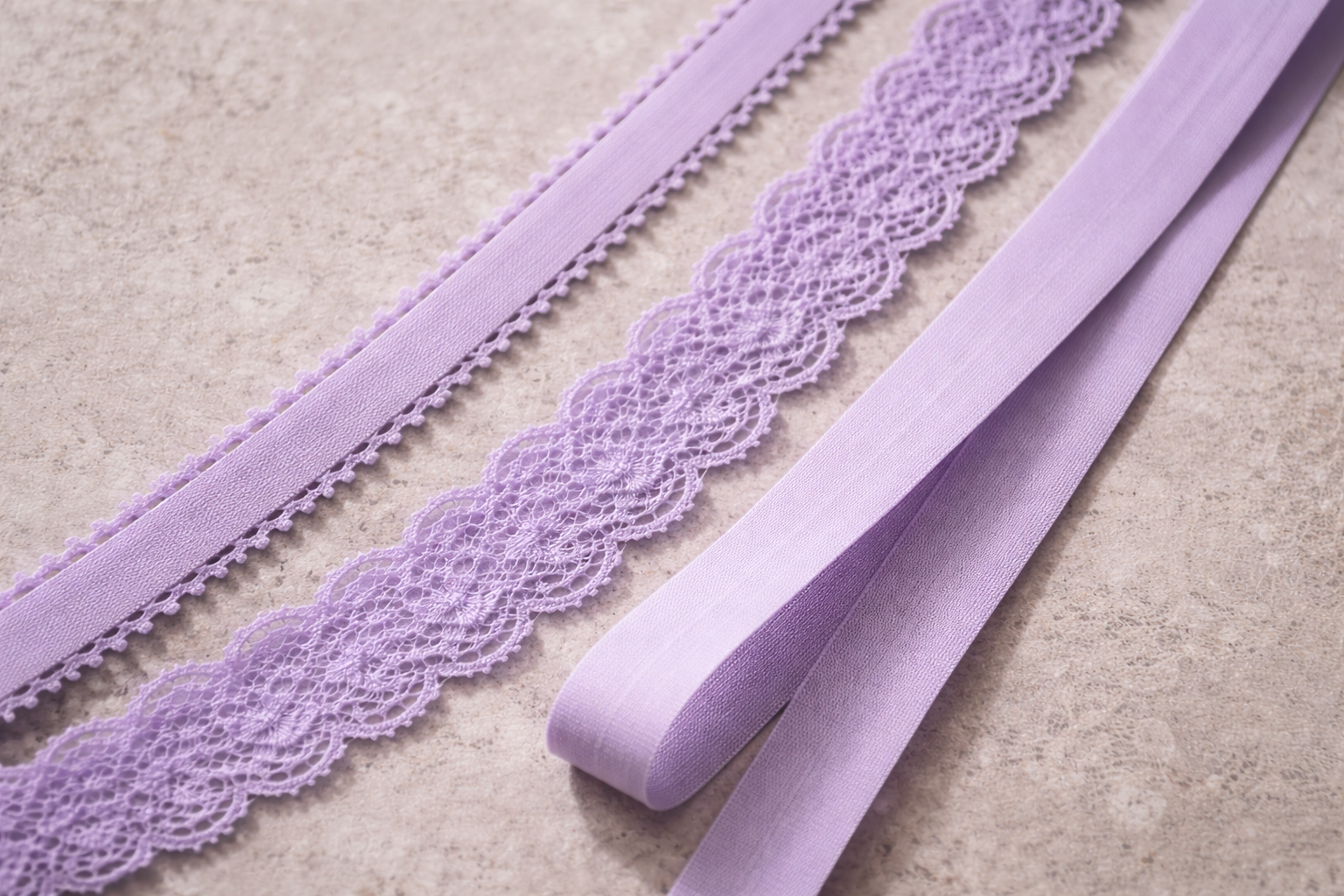 Three different types of elastic for finishing lingerie and intimates