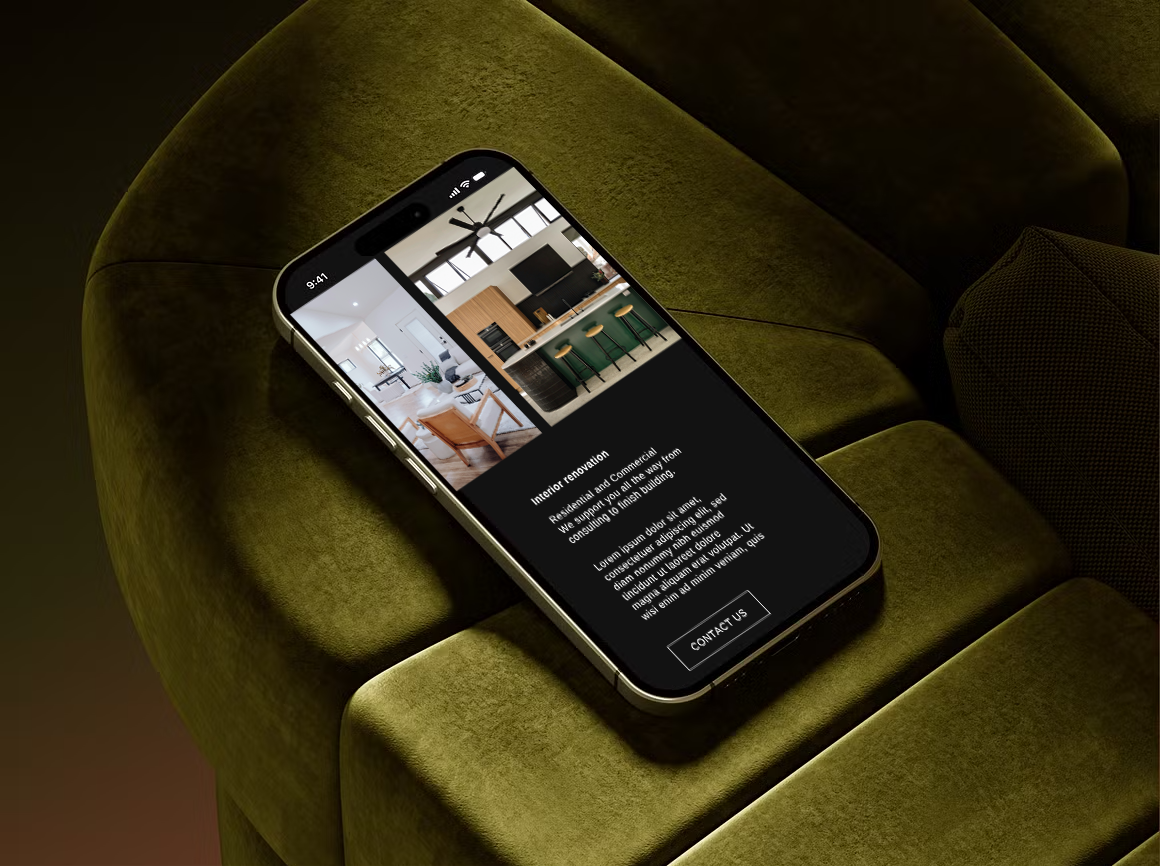 Smartphone displaying interior design images and text, resting on a green upholstered armrest.