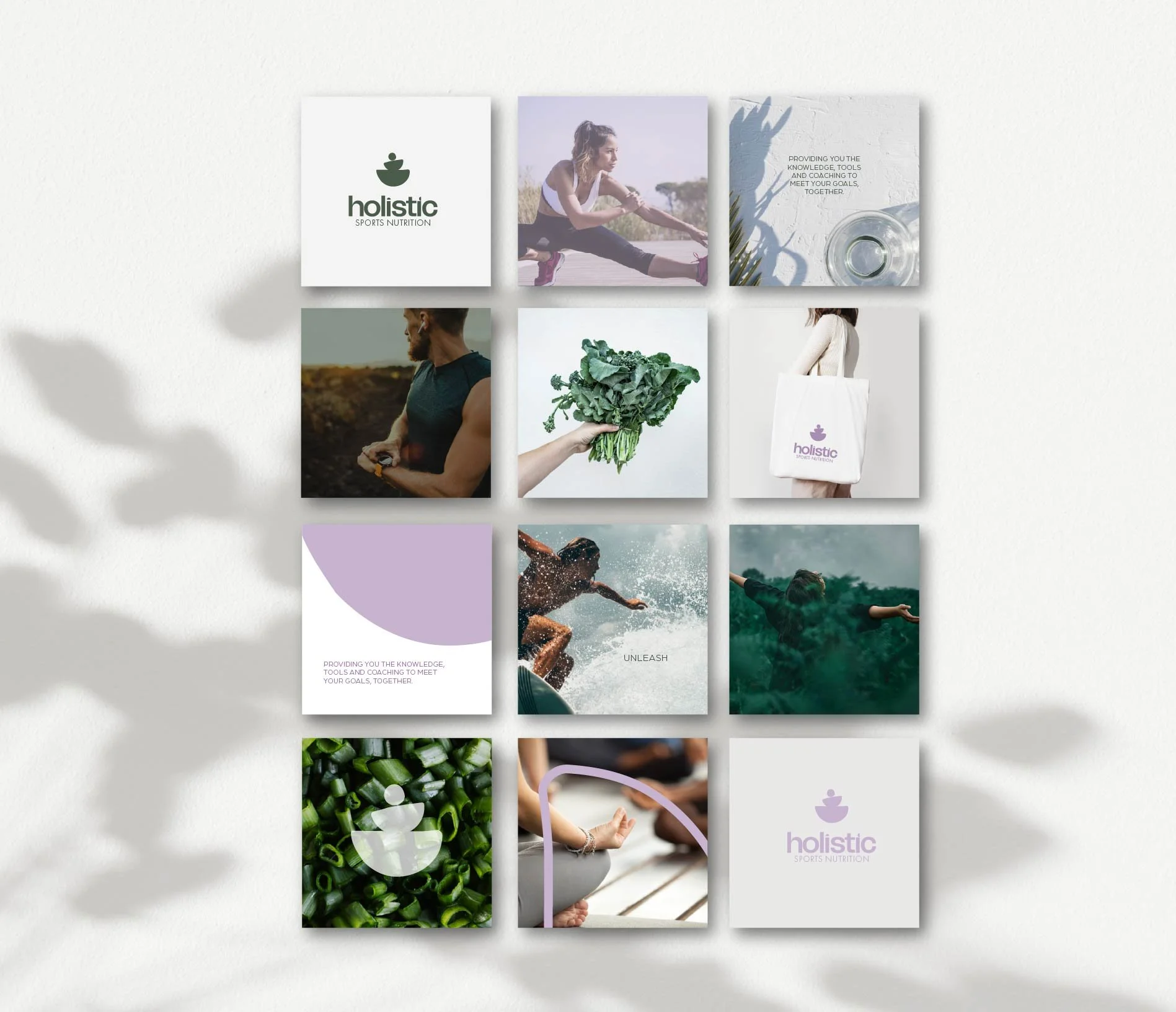 A collage of twelve square images related to health, fitness, nutrition, and wellness. The images include a logo for holistic sports nutrition, people engaging in exercises, vegetables, water, and meditation.