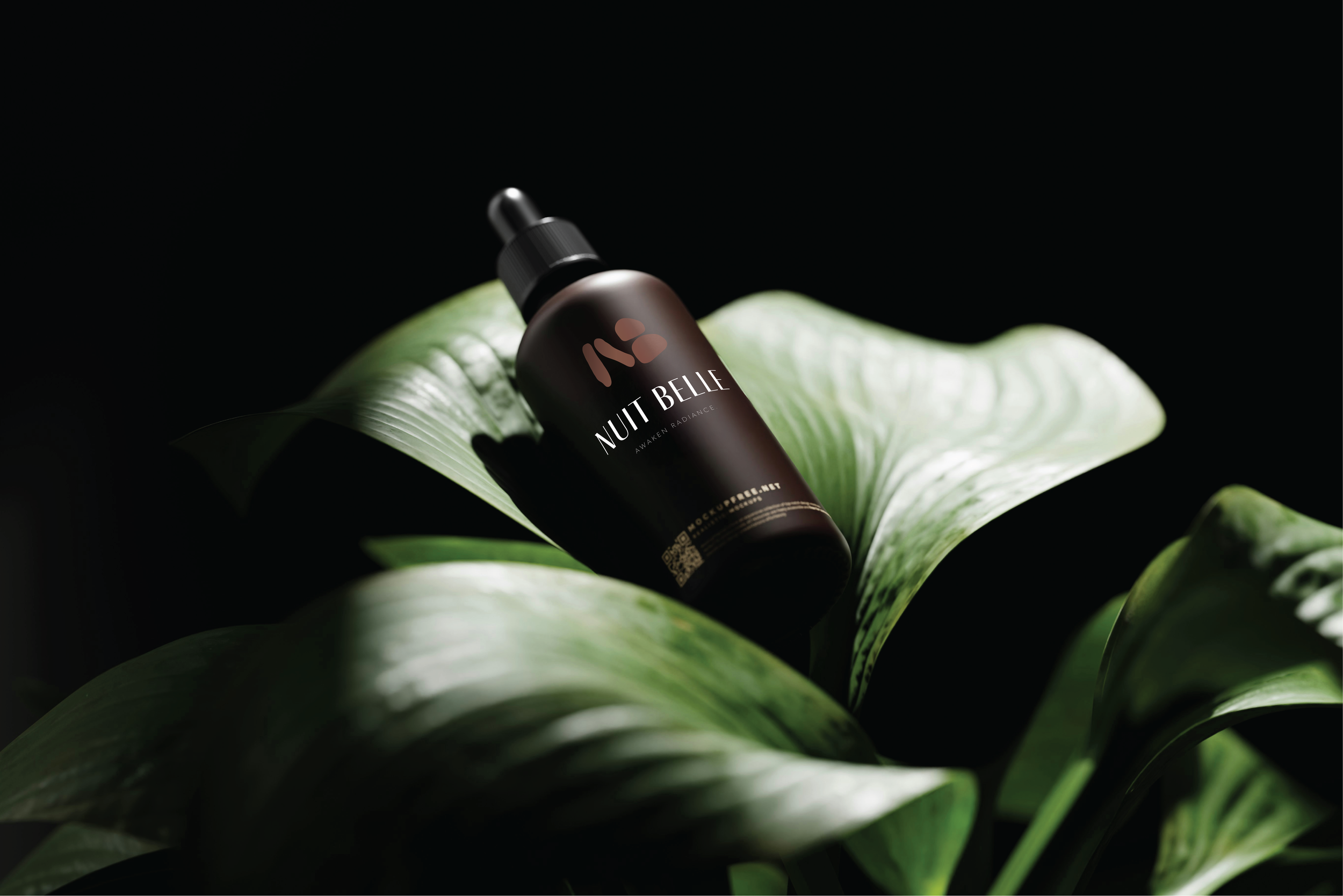 Black bottle labeled 'Nuit Belle' on a large green leaf with dark background.