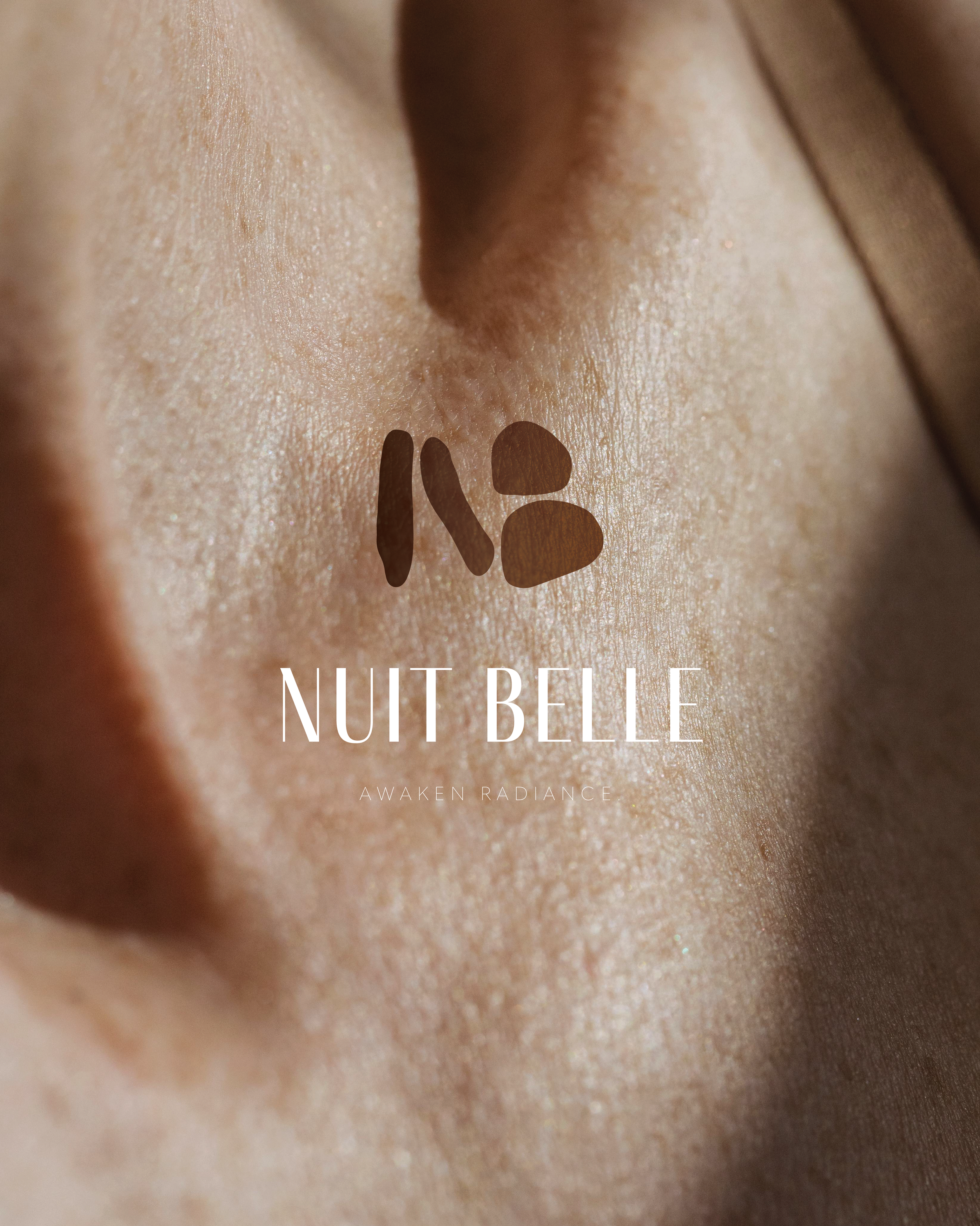 Close-up of a woman's ear with a tattoo of the number 18 on the earlobe, with text 'Nuit Belle' and 'Awaken Radiance' overlaid.