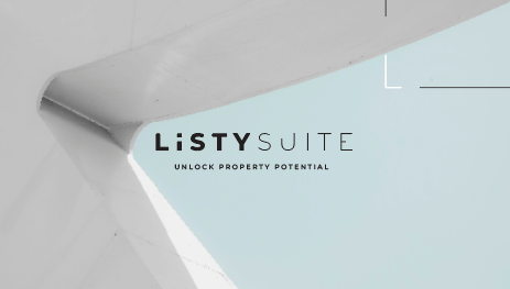 The logo of Listy Suite with the tagline 'Unlock Property Potential' on a modern architectural background.