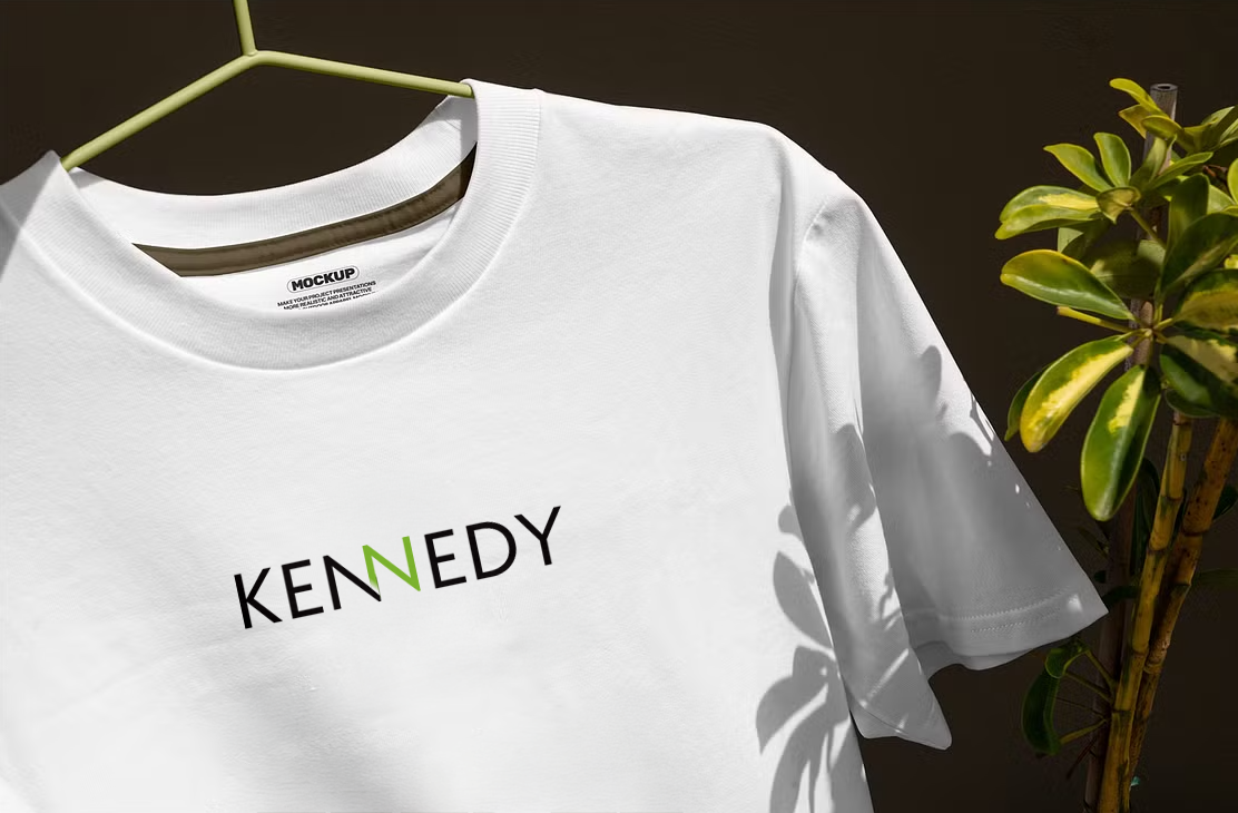 White T-shirt with the word 'KENNEDY' printed on it, hanging on a hanger next to a potted plant.