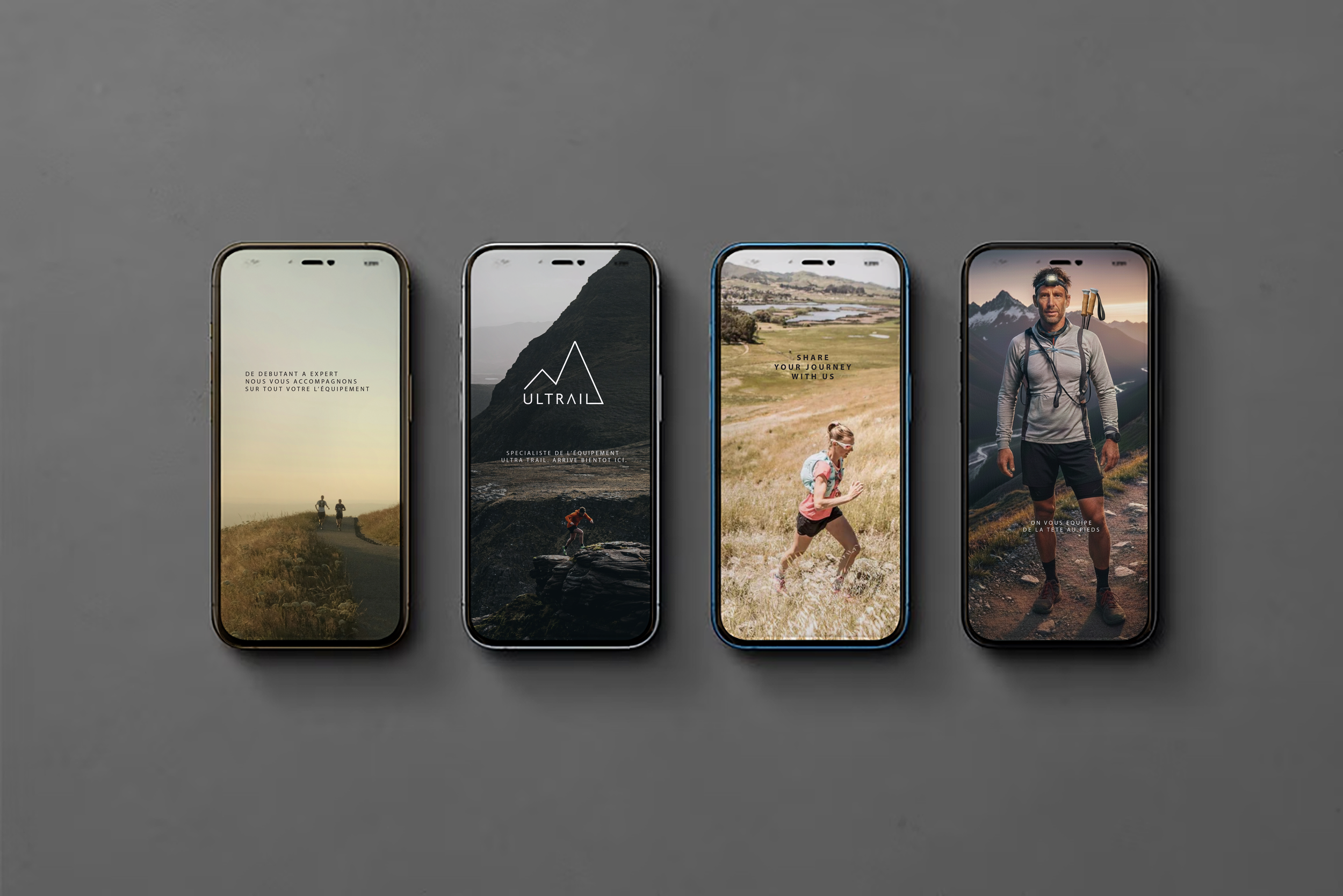 Four smartphones displaying outdoor adventure scenes on gray background. The first with two people walking on a path, the second with a mountain and trail logo, the third with a girl running in a field, and the fourth with a man standing on a mountai