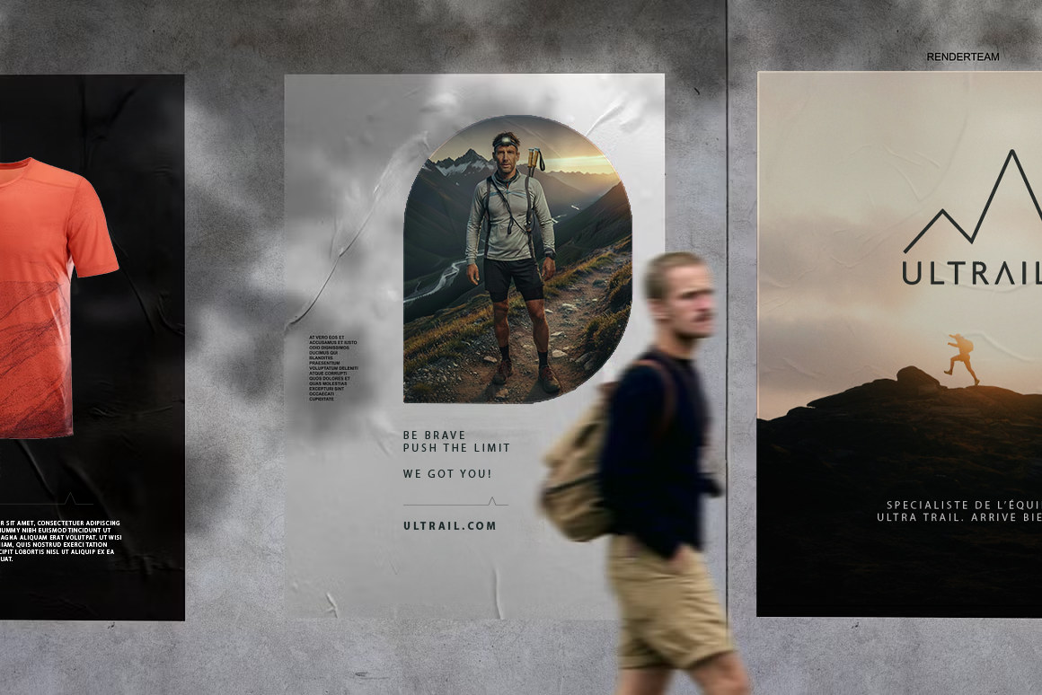 A young man walking past outdoor adventure posters on a wall, one featuring a hiker in mountains and other promoting trail running.