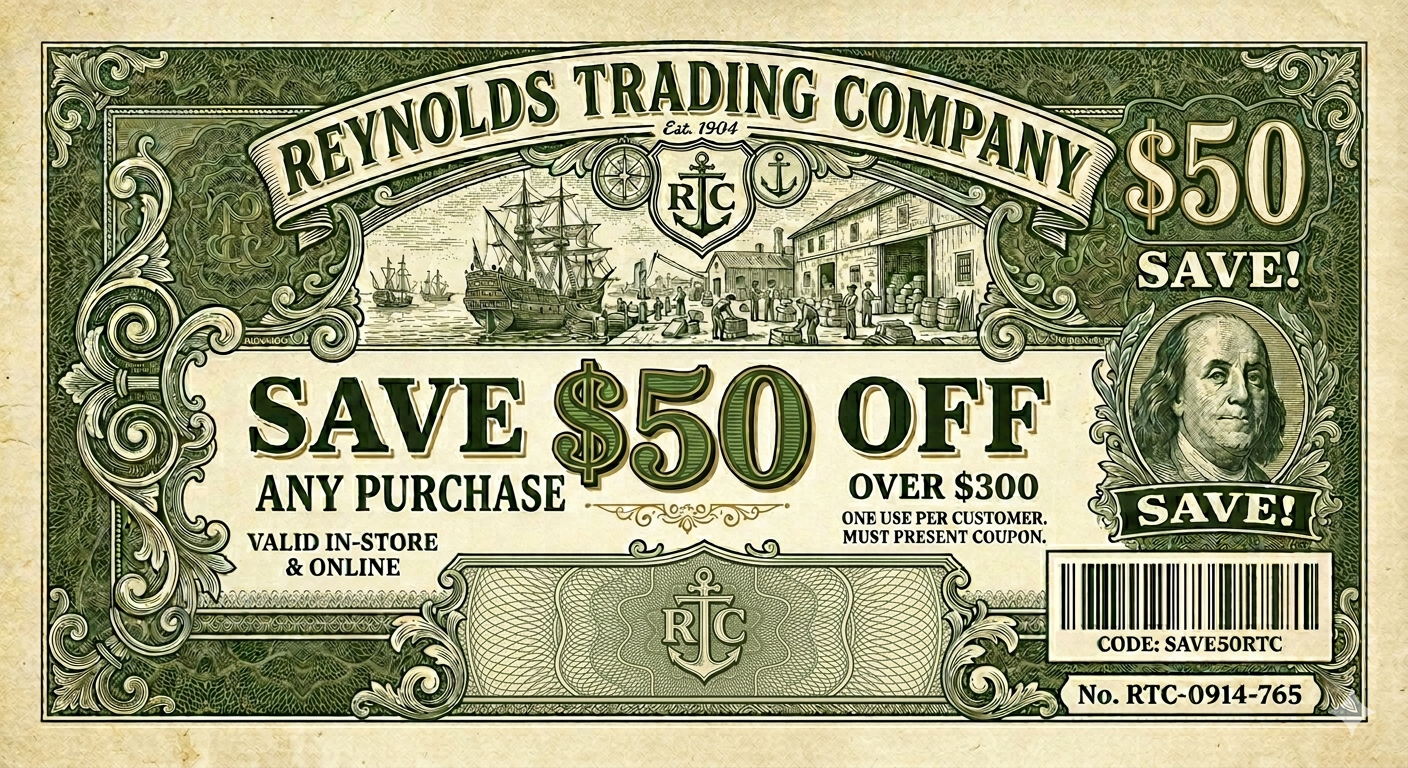 A promotional coupon from Reynolds Trading Company offering $50 off on any purchase over $300, valid both in-store and online, featuring a maritime scene with ships and dock workers, the company's name, and a portrait of Benjamin Franklin.