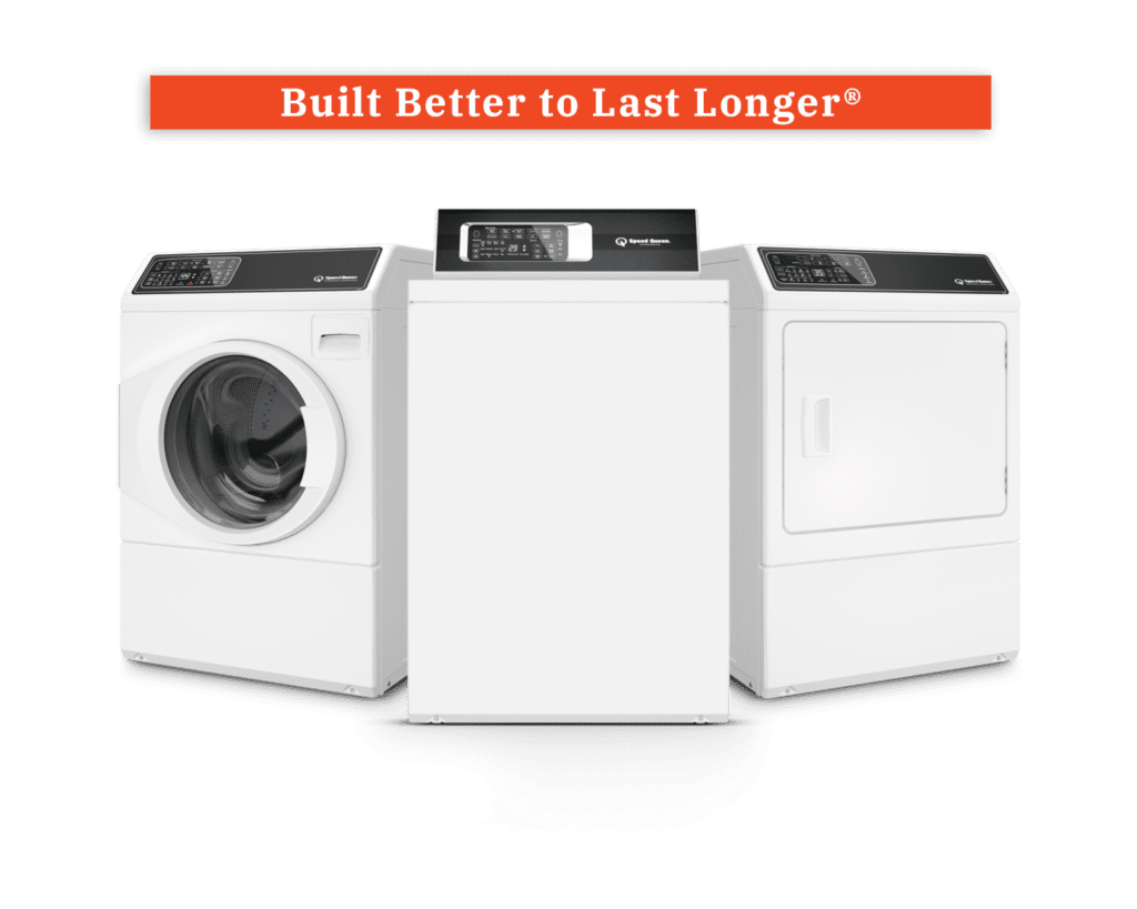 Image of Speed Queen washing machines, and dryer with a branding label that says "Built Better to Last Longer."