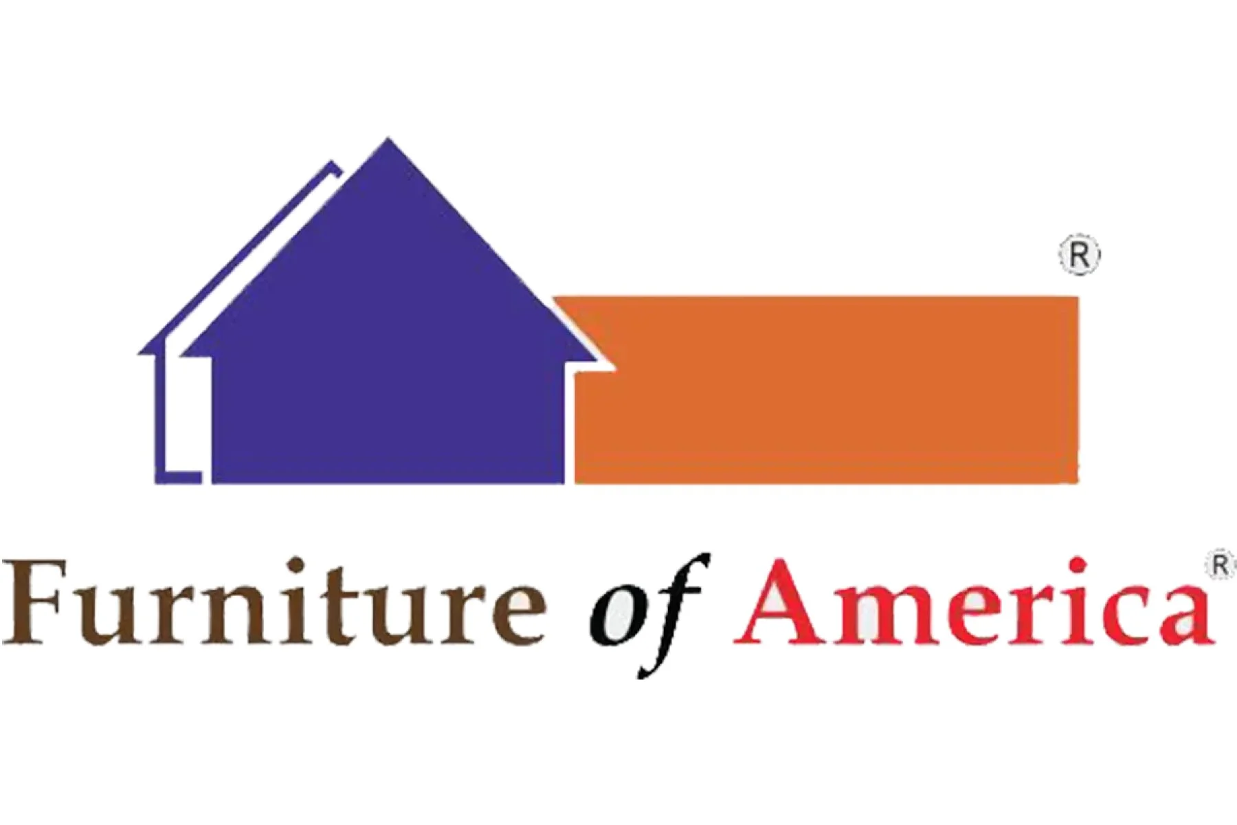 Logo with a blue house shape and an orange rectangle, accompanied by the text 'Furniture of America' in black and red.