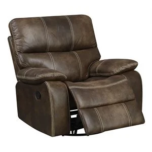 Brown leather recliner chair with visible stitching and padded armrests.
