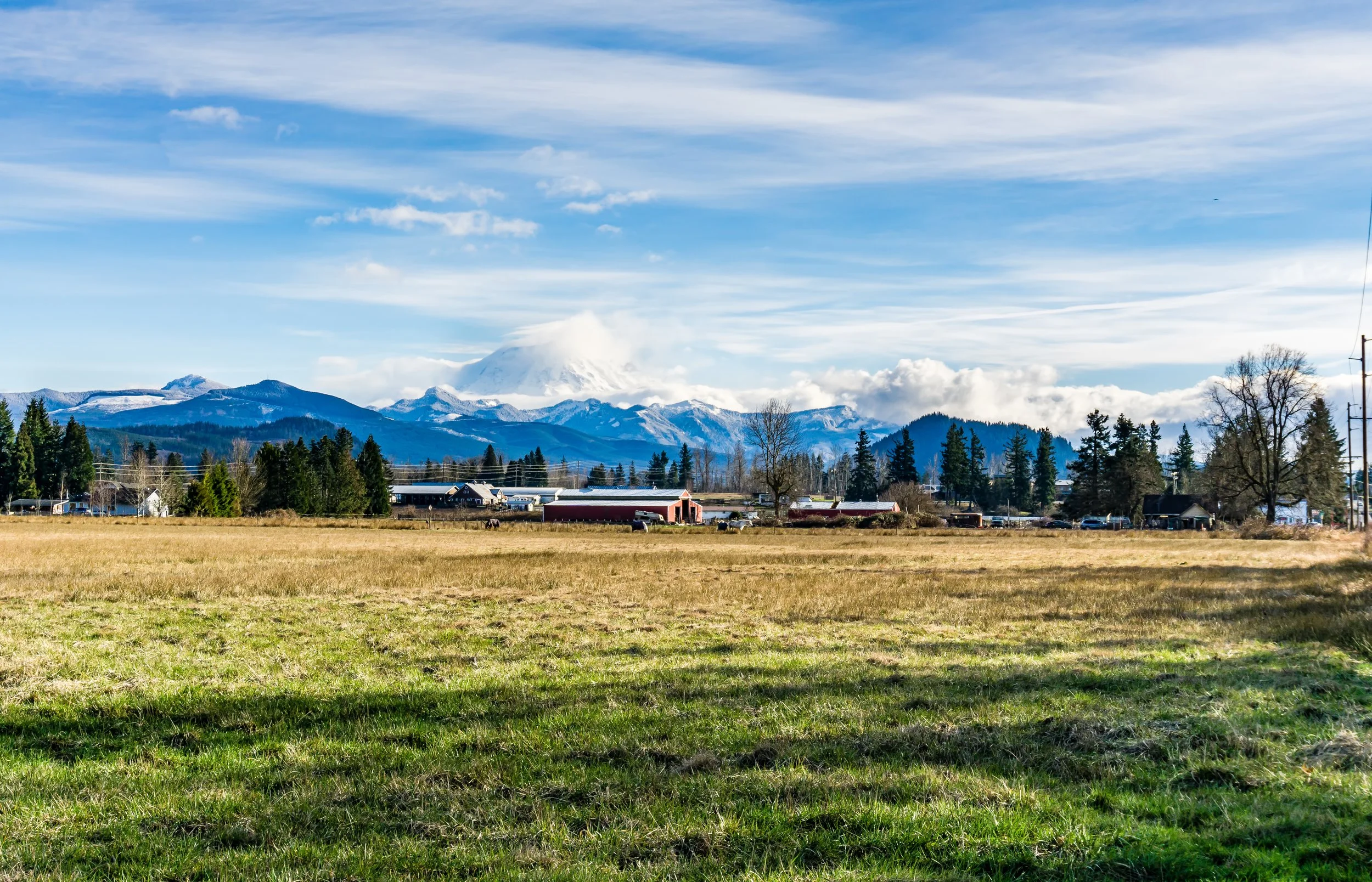 Enumclaw, Wa. Open field with grass, trees, farm buildings, and mountains with snow in the background under a partly cloudy sky.