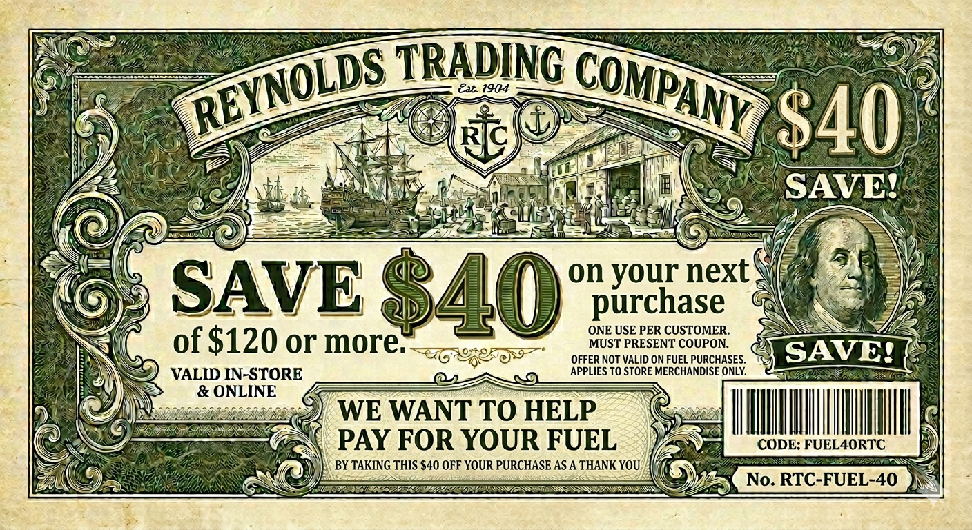 A promotional coupon offering a $40 discount on fuel purchases of $120 or more at Reynolds Trading Company, featuring vintage-style design with maritime imagery and a portrait of Benjamin Franklin.