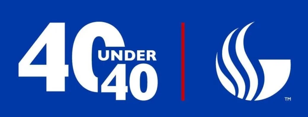 Georgia State University Logo with text '40 UNDER 40' on the left and a steaming bowl symbol on the right, separated by a red vertical line, on a dark blue background.