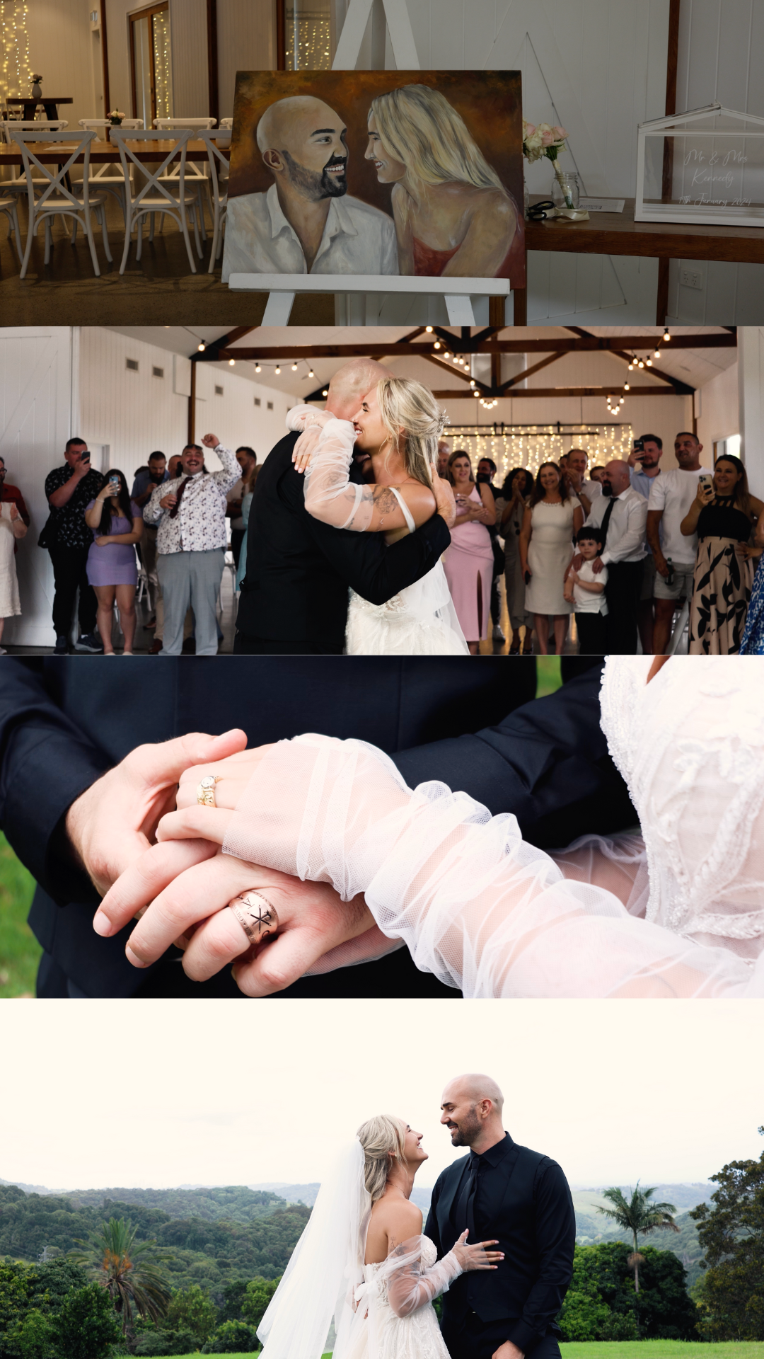 Close-up of wedding rings and hands.
Bride and groom dancing at their wedding reception filmed on the South Coast NSW.