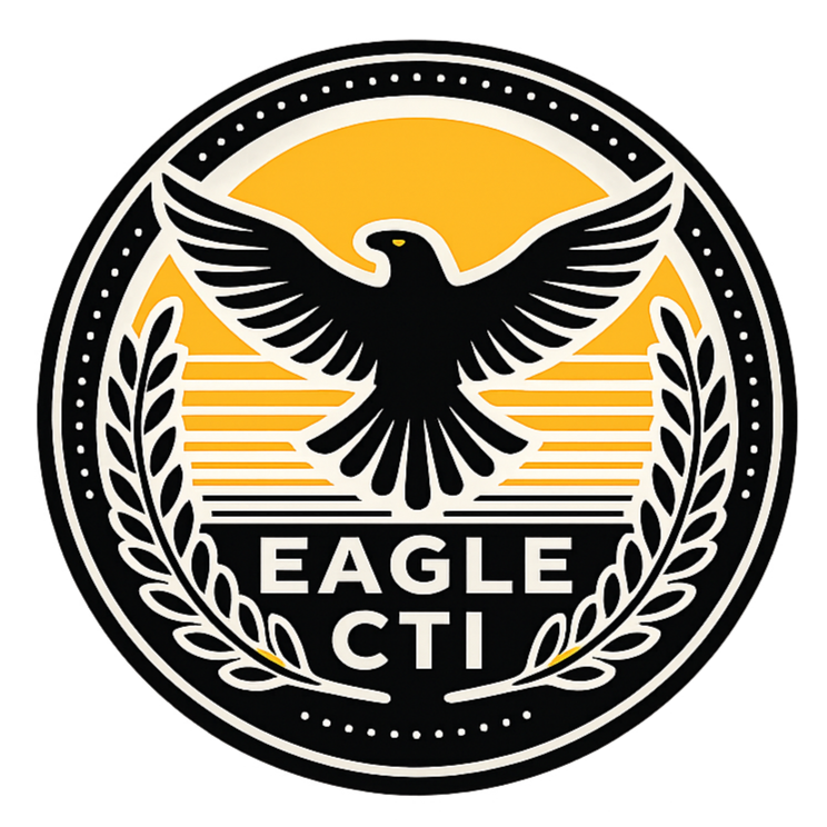 A circular logo featuring a black eagle with outstretched wings against a yellow background, surrounded by laurel branches, with the text 'EAGLE CTI' at the bottom.