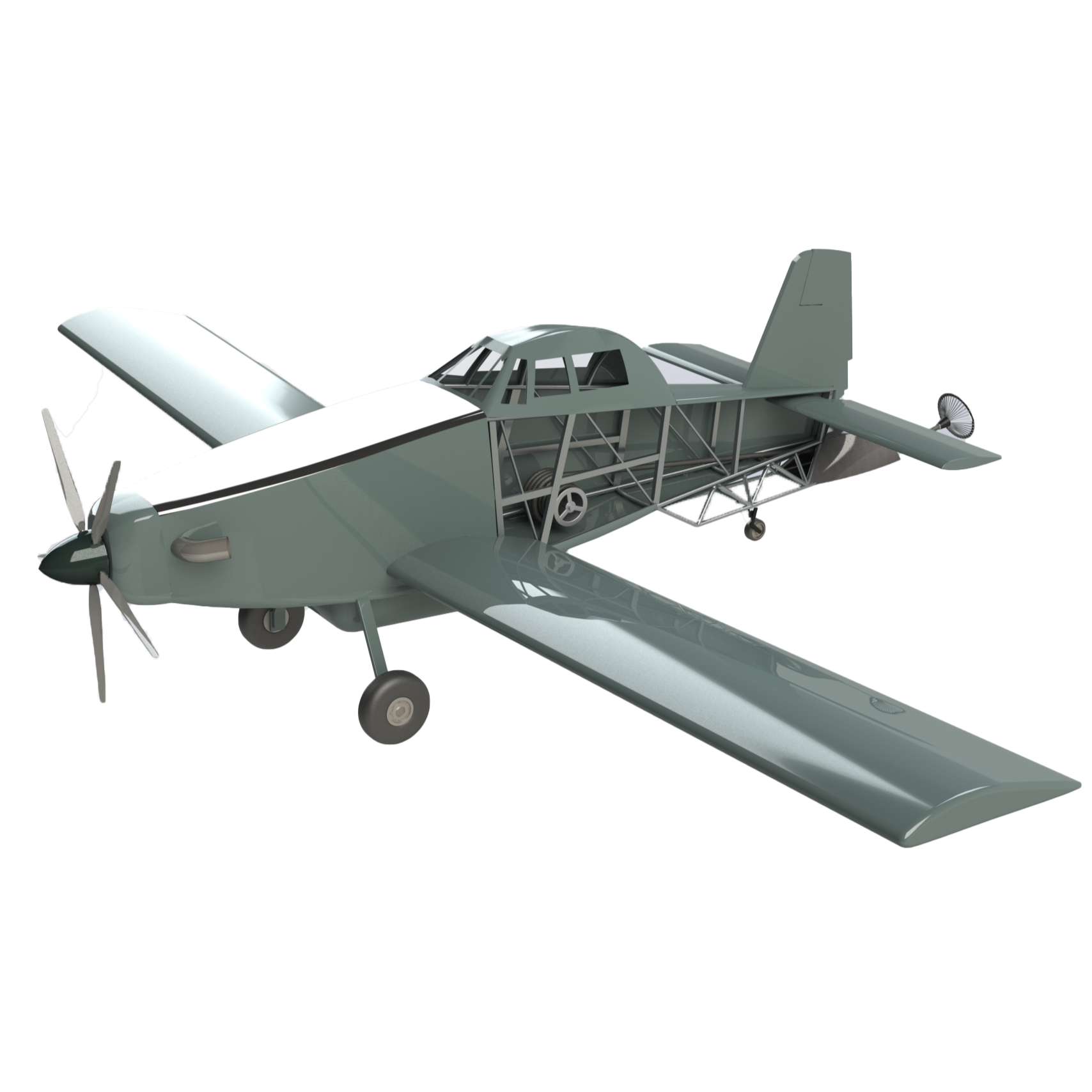 3D rendering of a vintage airplane with a greenhouse-style cockpit, exposed framework, and fixed landing gear, viewed from front-left.