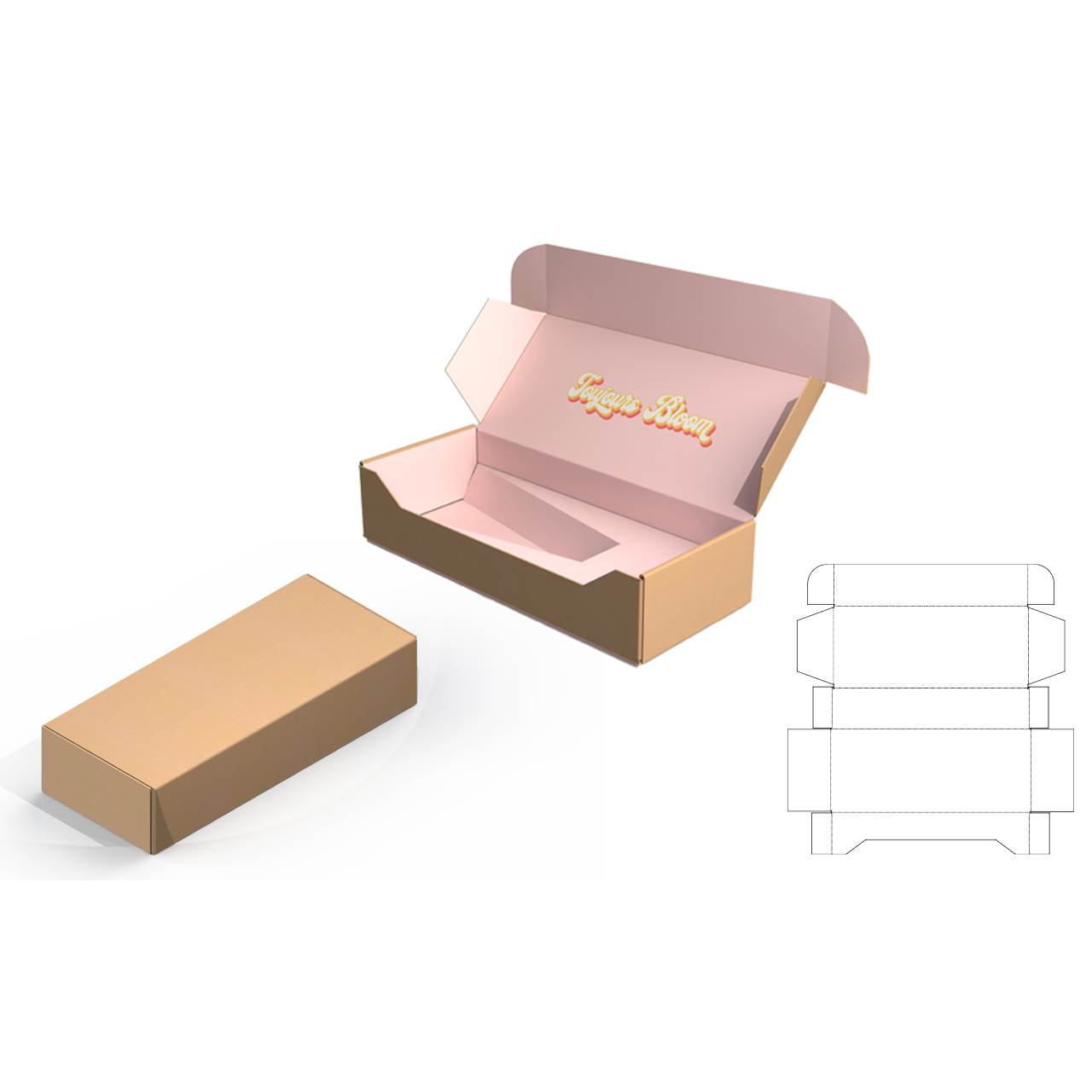 Open pink and brown cardboard box with the words showing an example of packaging box design