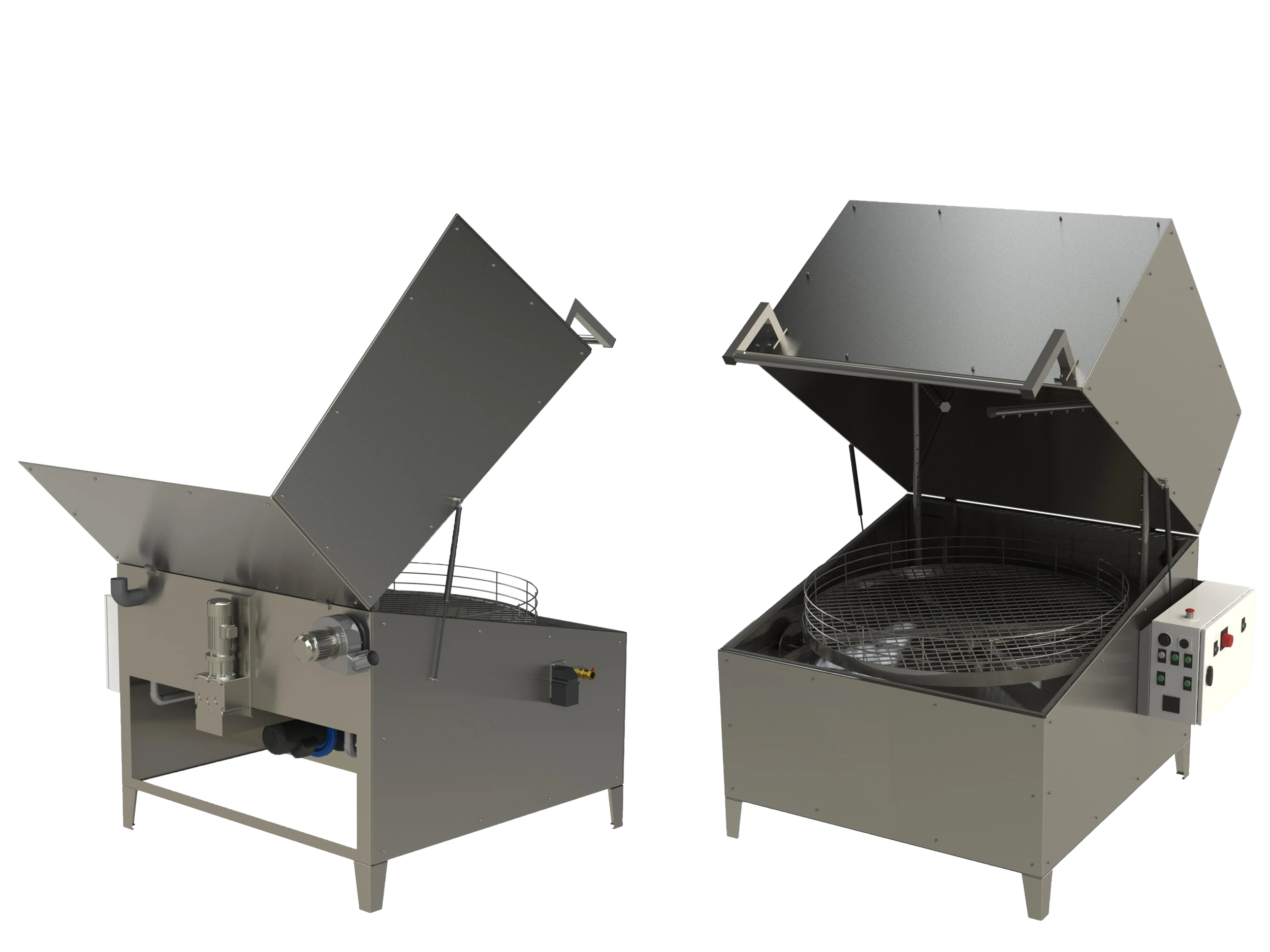 Two industrial cleaning machines with open lids, one on the left showing a duct and grind wheel, and one on the right with a wire basket inside.