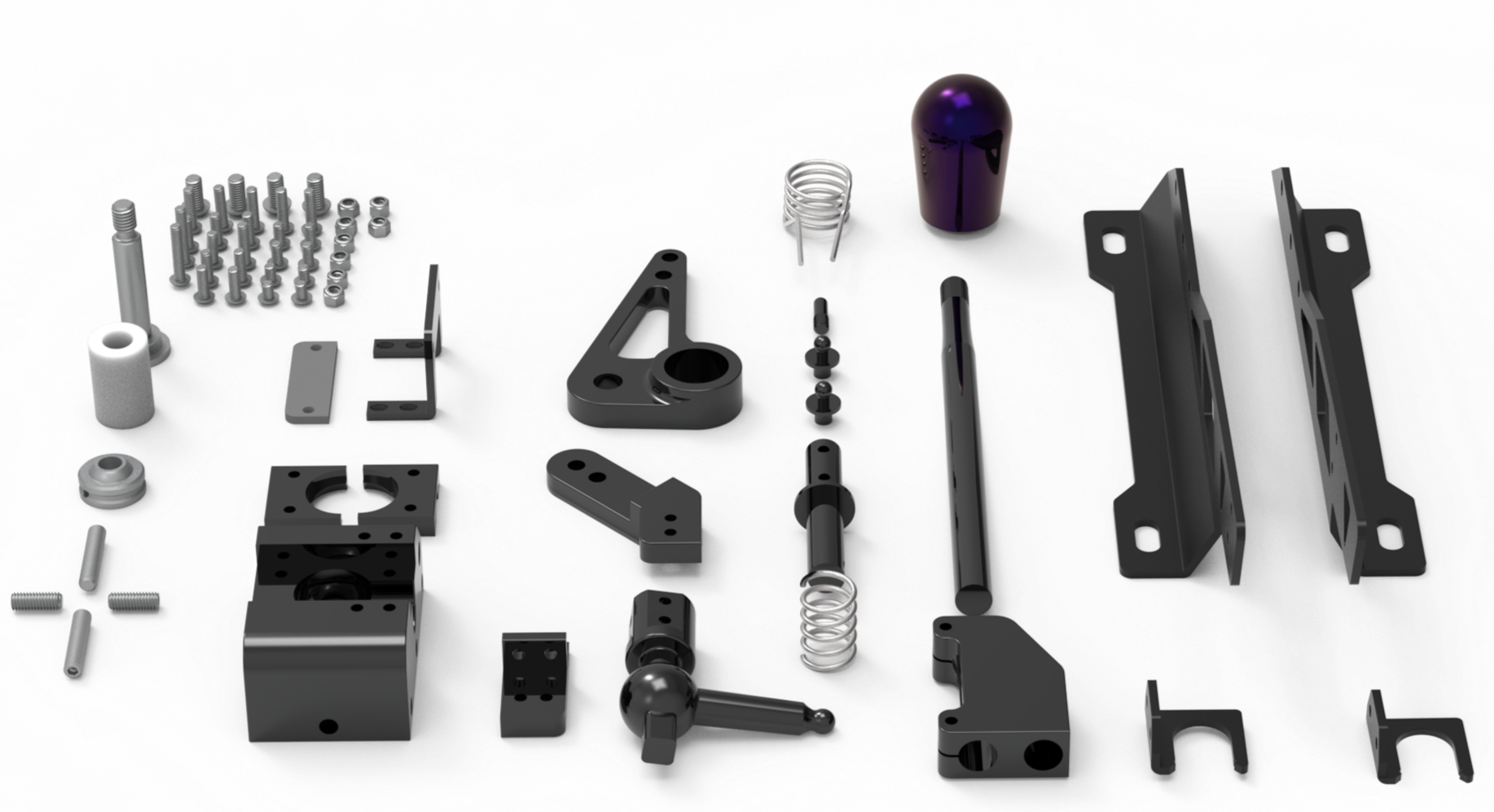 An exploded view of a custom automotive shifter assembly showing all mechanical parts and hardware