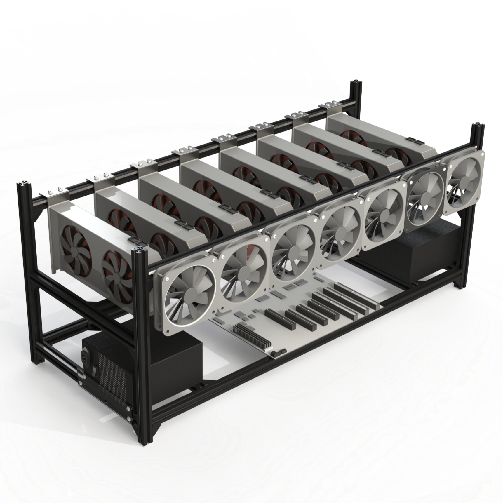 A cryptocurrency mining rig with multiple graphics cards installed in a frame.