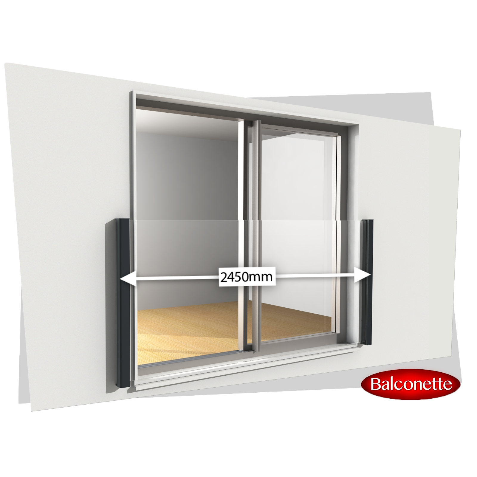 Sliding glass door with a measuring width of 2450 millimeters, installed in a white wall, with black handles on each side, showing an indoor view with wooden flooring. Balconette logo at the bottom right.